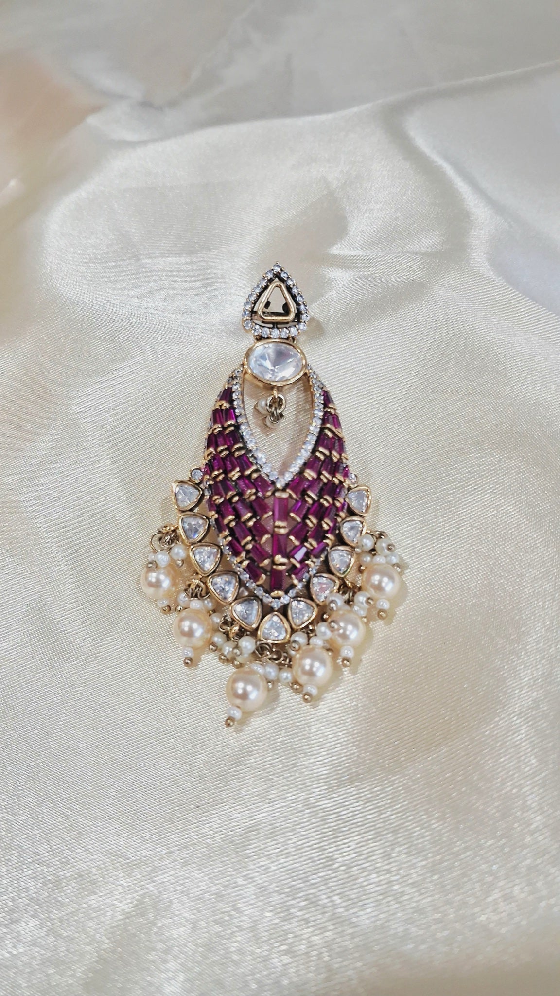 Kundan chandbali earrings with ruby-red baguette stones and faux pearl fringe - view 2