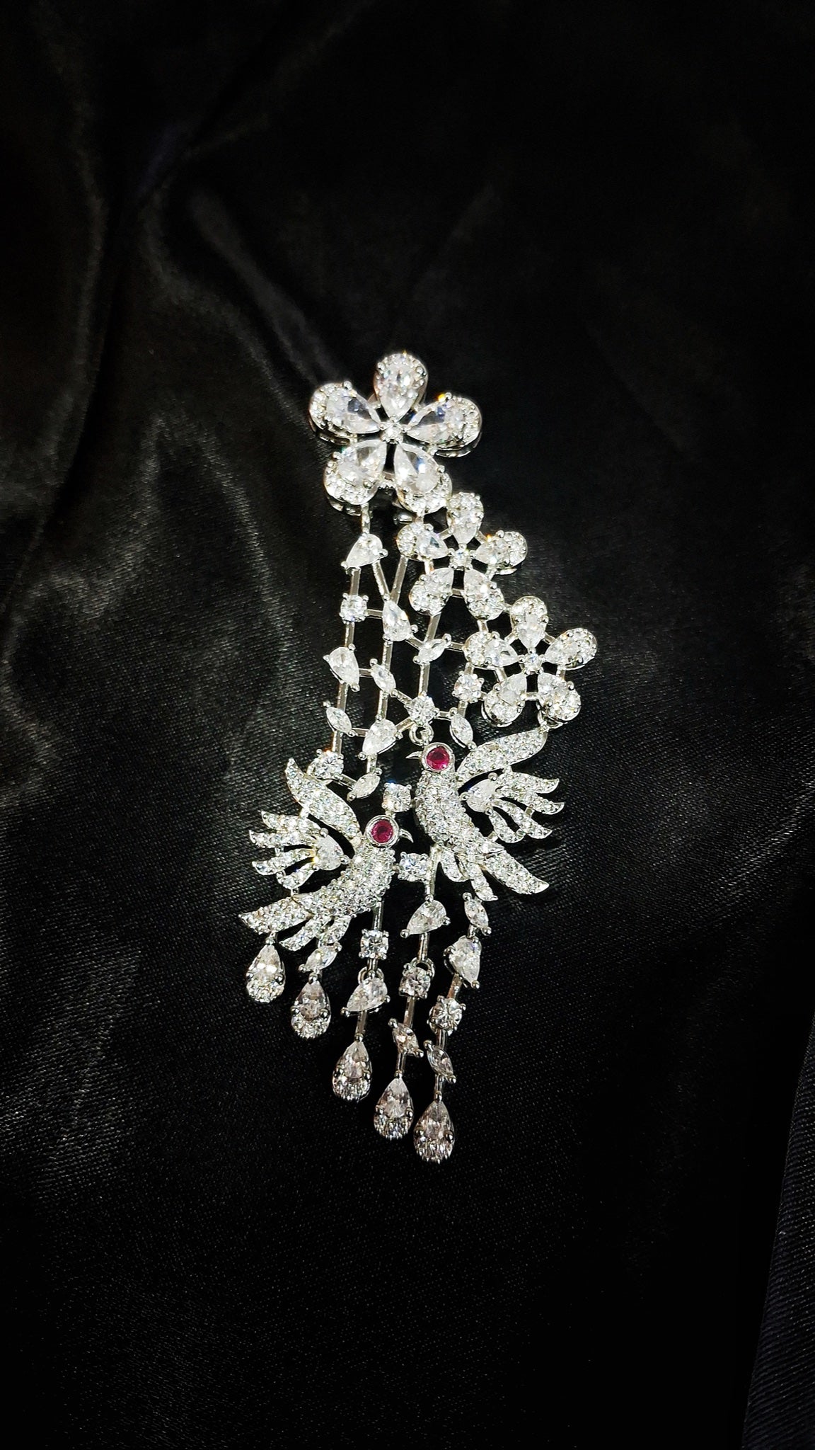 Silver-tone crystal earrings with lovebird motif and teardrop cascade - view 2
