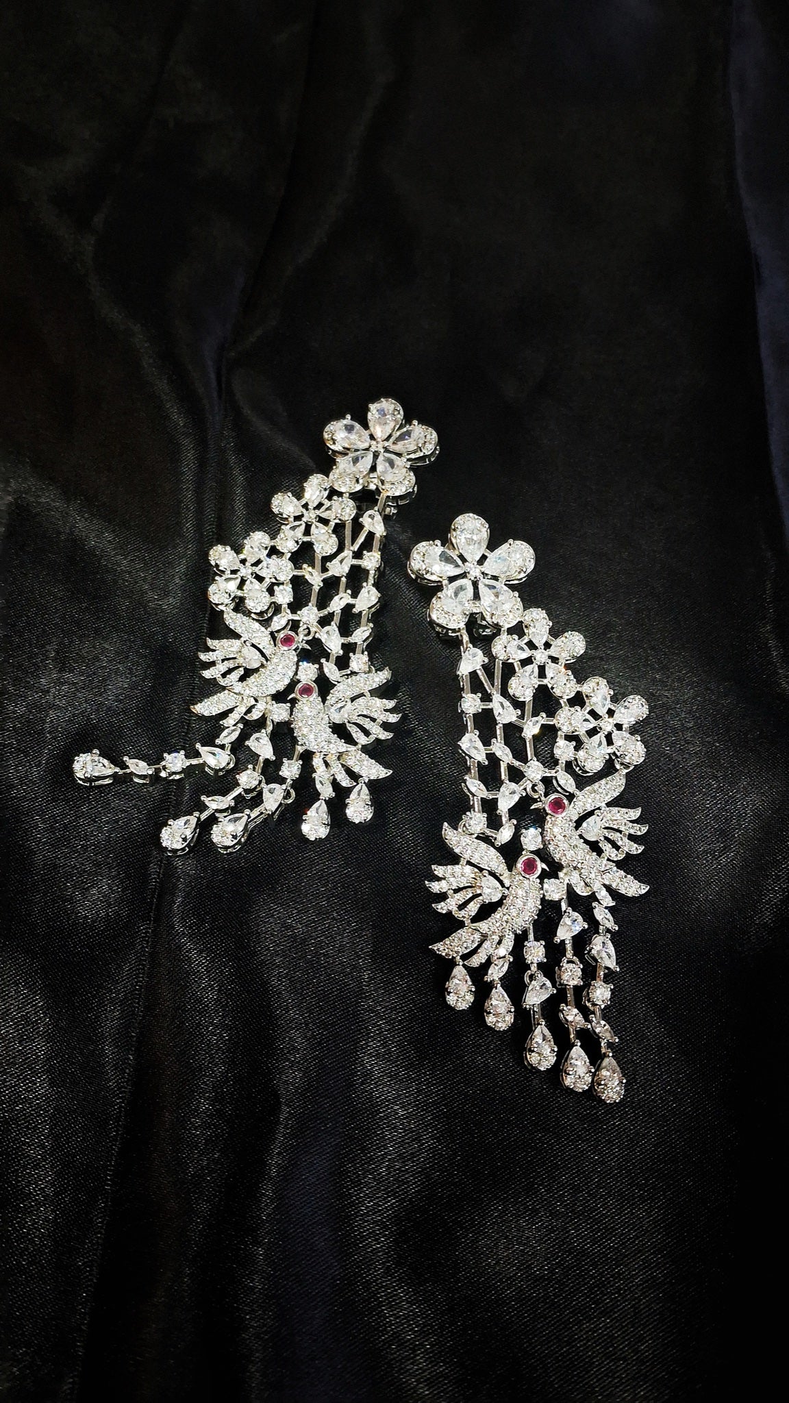 Silver-tone crystal earrings with lovebird motif and teardrop cascade - view 3