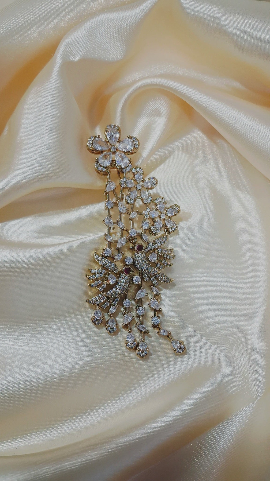 Gold-tone crystal earrings with lovebird motif and teardrop cascade - view 2