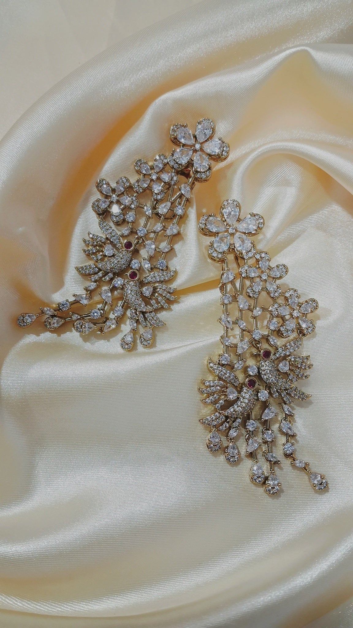 Gold-tone crystal earrings with lovebird motif and teardrop cascade - view 3