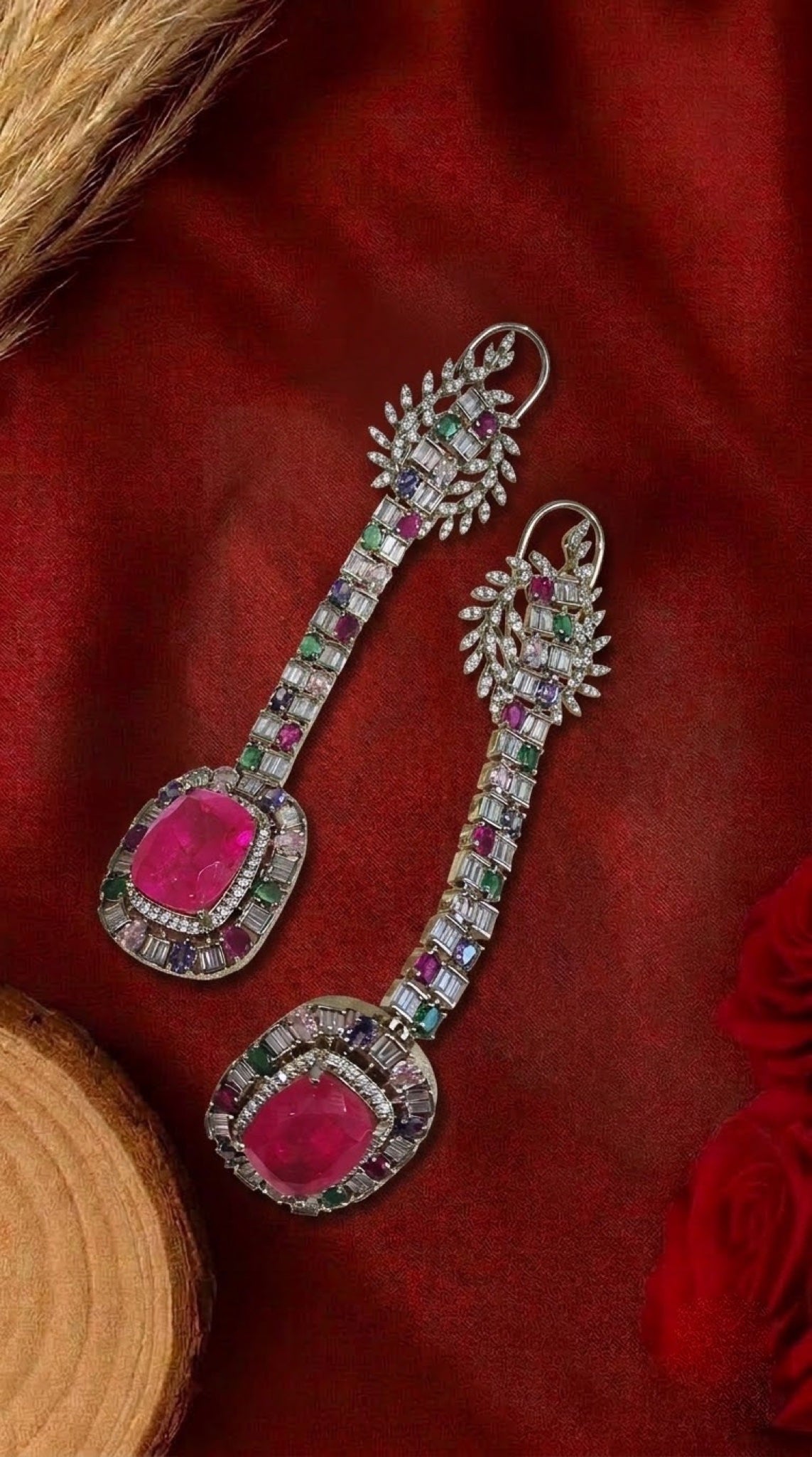 Long linear earrings with fuchsia stone and multicolour baguettes