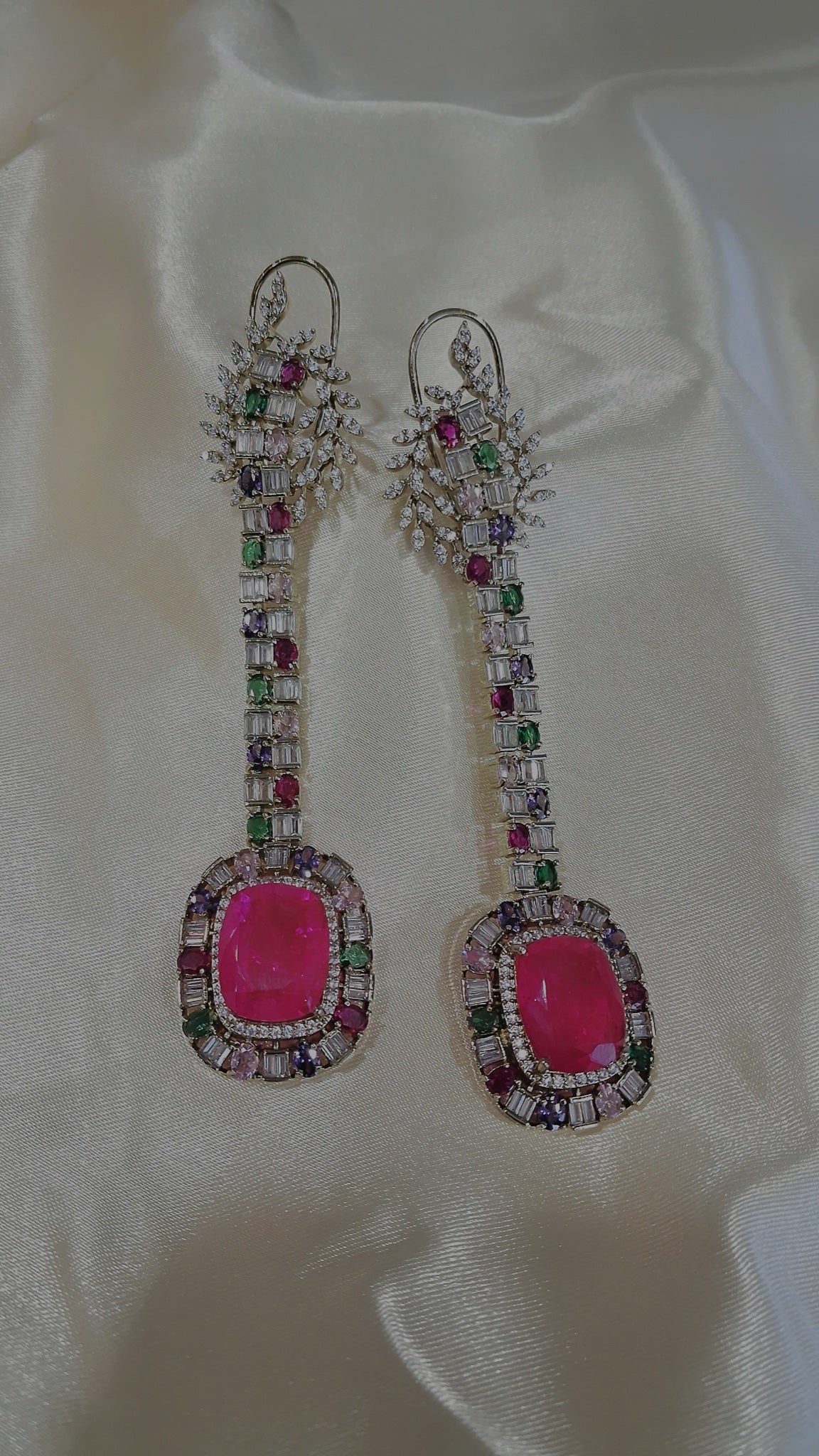 Long linear earrings with fuchsia stone and multicolour baguettes - view 3
