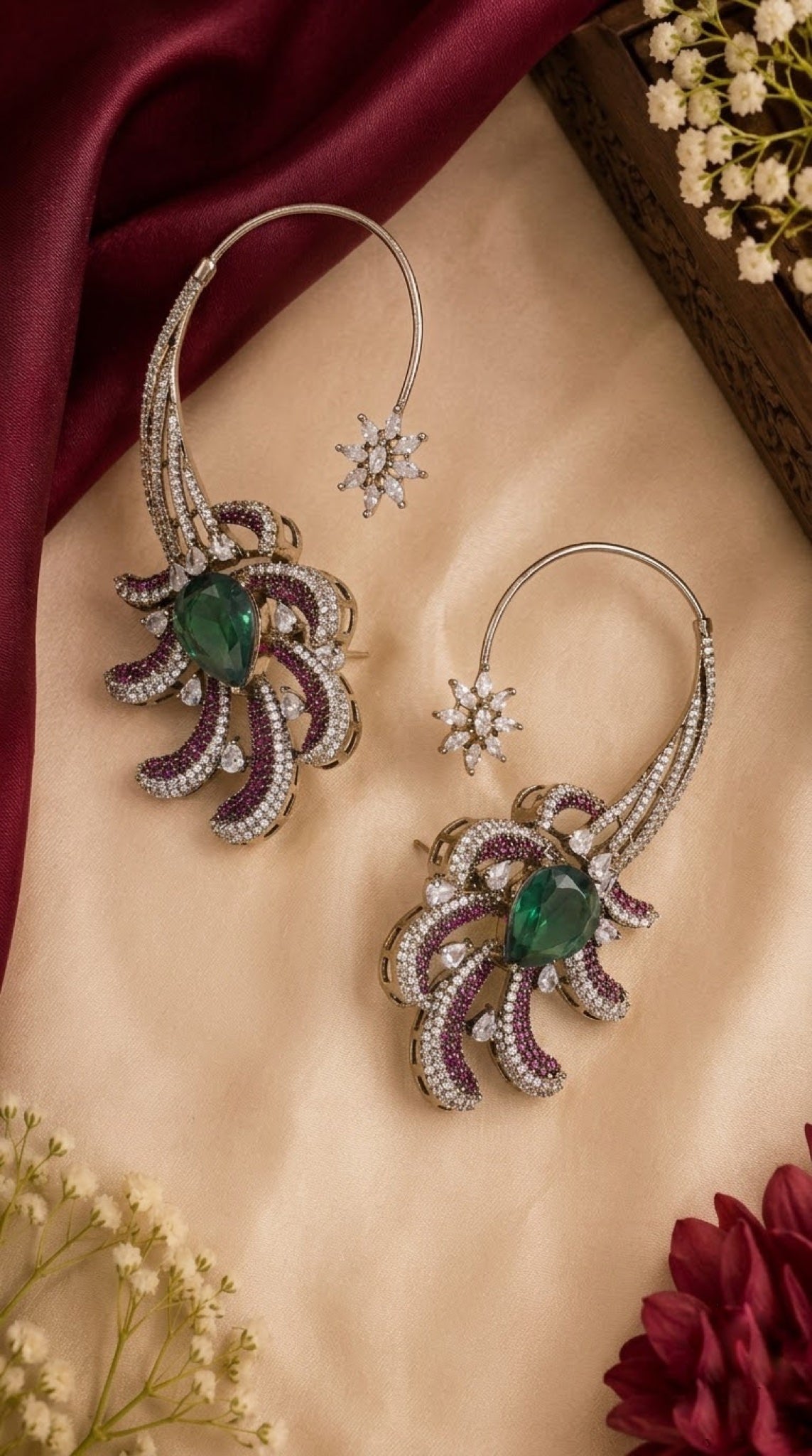 Ear cuff earrings with fuchsia stone plumes and mint-green pear stone