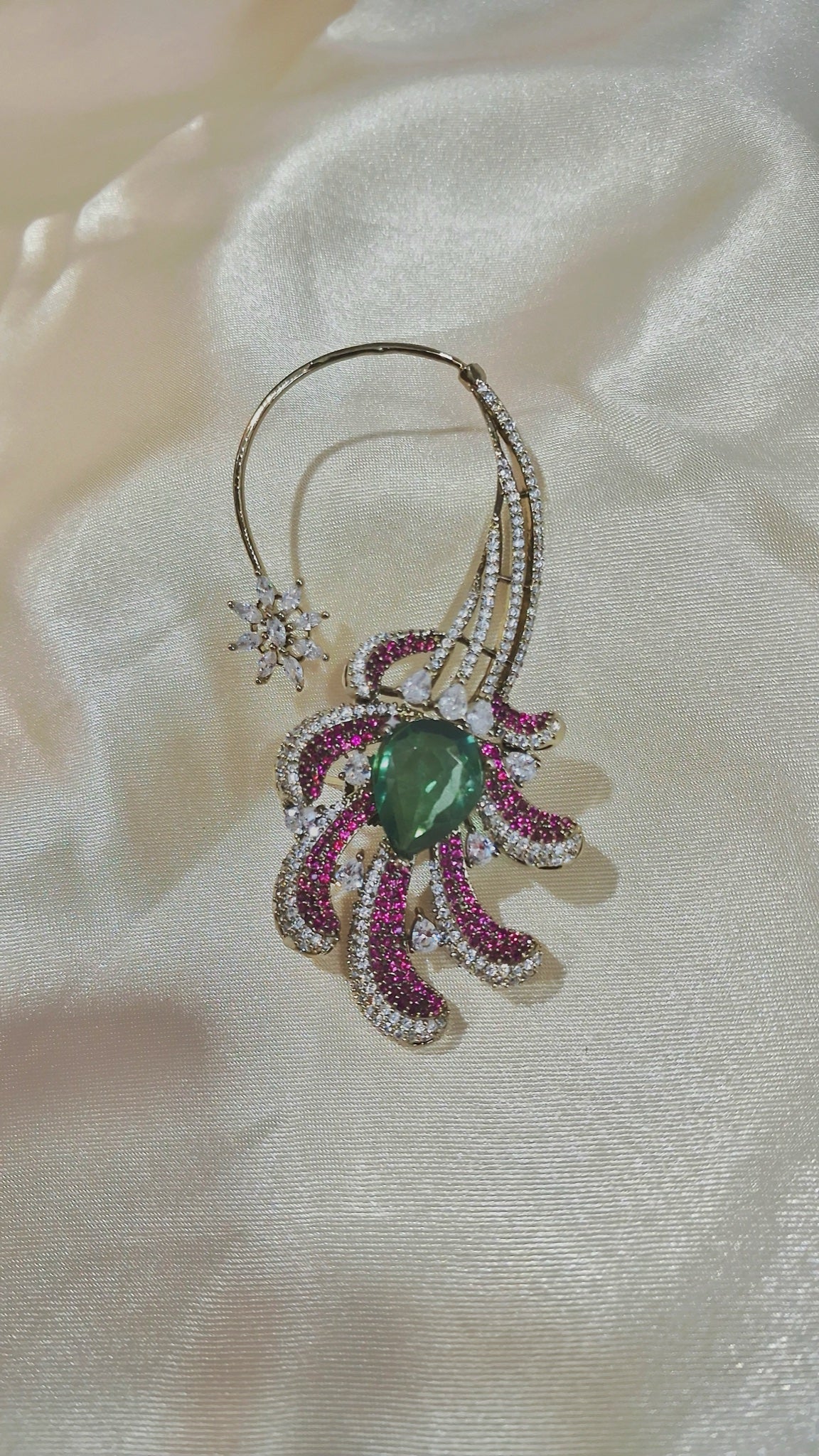 Ear cuff earrings with fuchsia stone plumes and mint-green pear stone - view 2