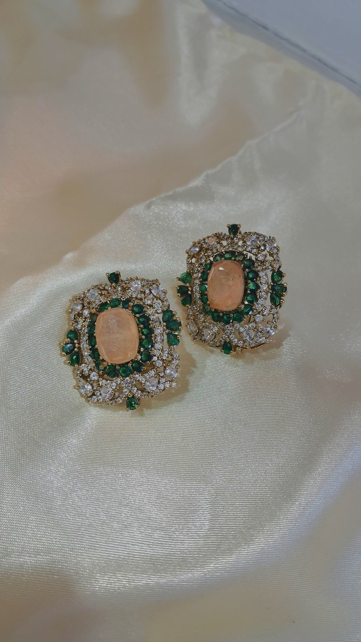 Statement stud earrings with peach cushion stone and green accents - view 3
