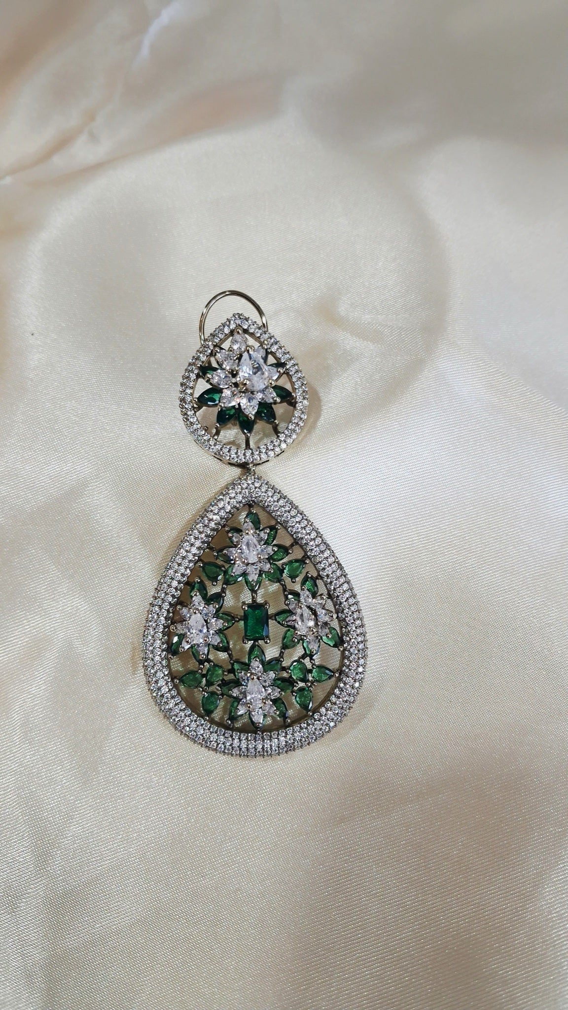 Silver-tone double teardrop earrings with green and crystal floral stones - view 2