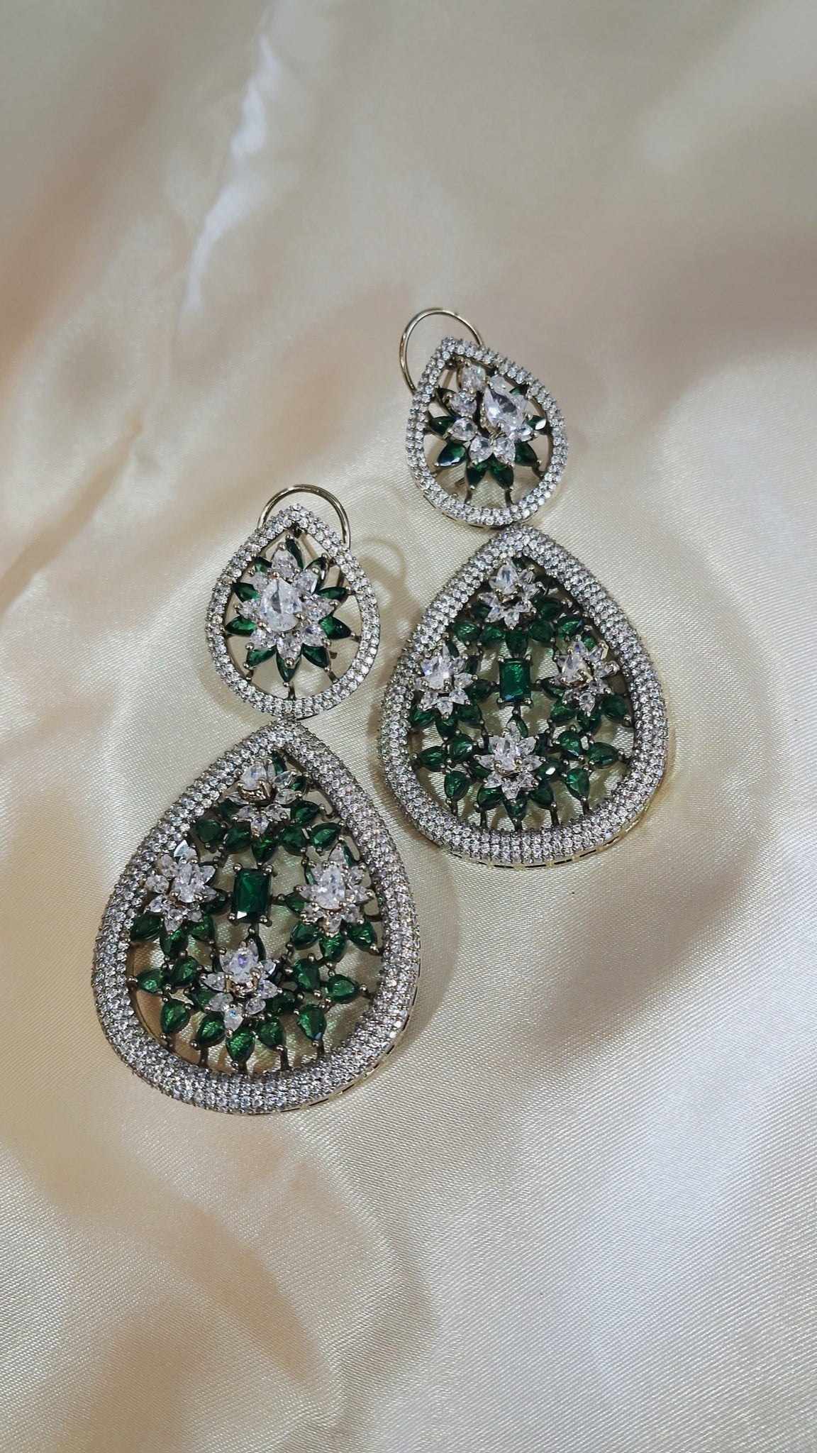 Silver-tone double teardrop earrings with green and crystal floral stones - view 3
