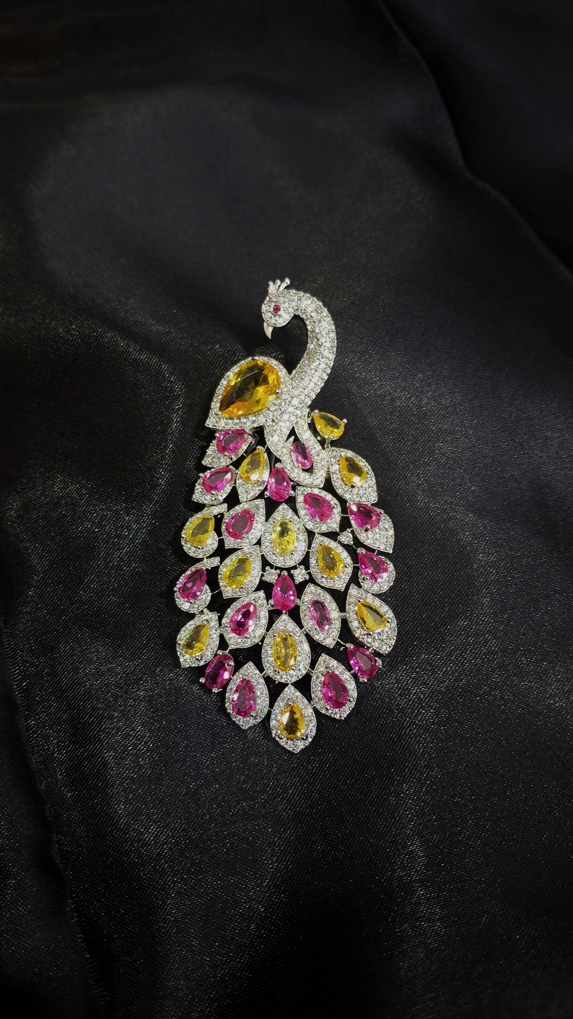 Silver-tone peacock earrings with yellow and pink pear crystals - view 2