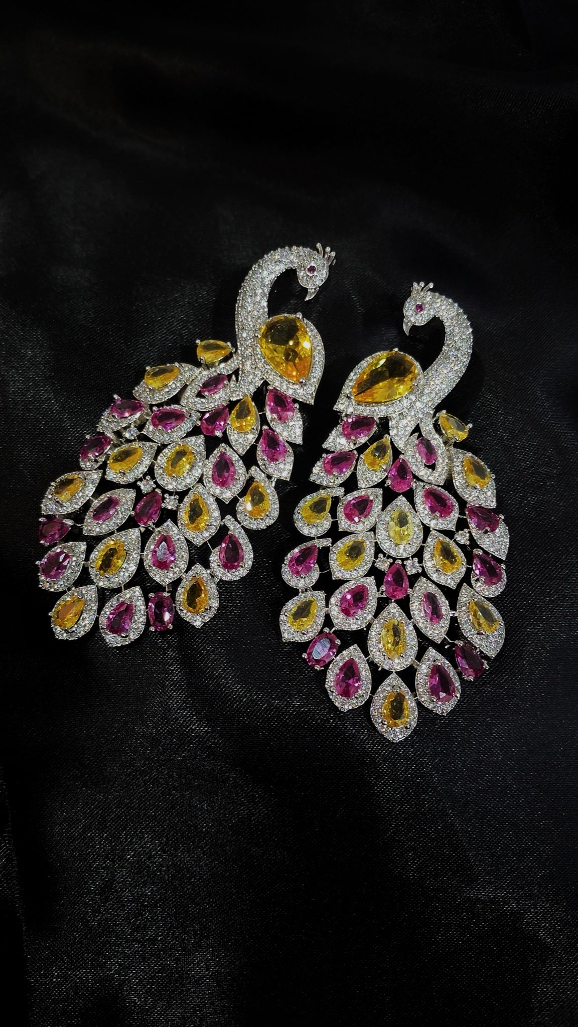 Silver-tone peacock earrings with yellow and pink pear crystals - view 3