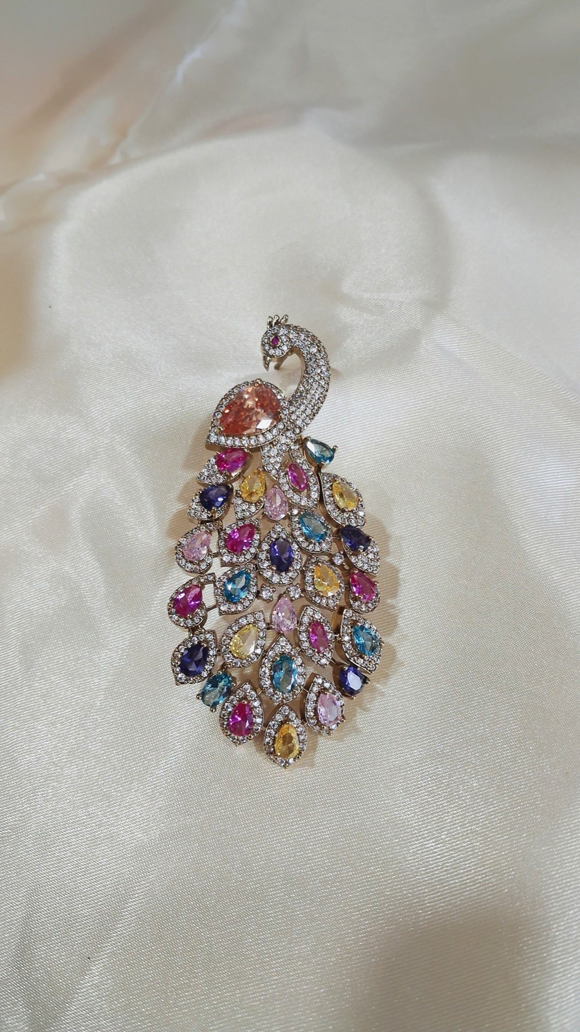 Silver-tone peacock earrings with multicolour pastel crystals - view 2