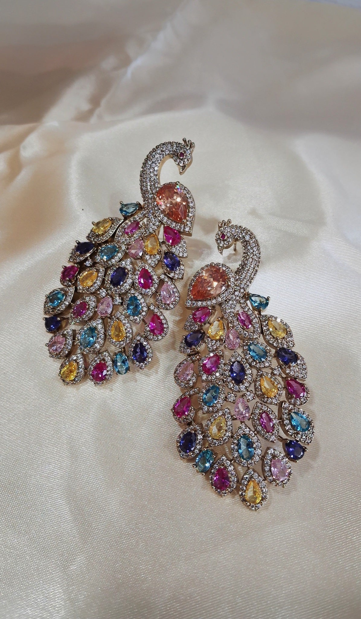 Silver-tone peacock earrings with multicolour pastel crystals - view 3