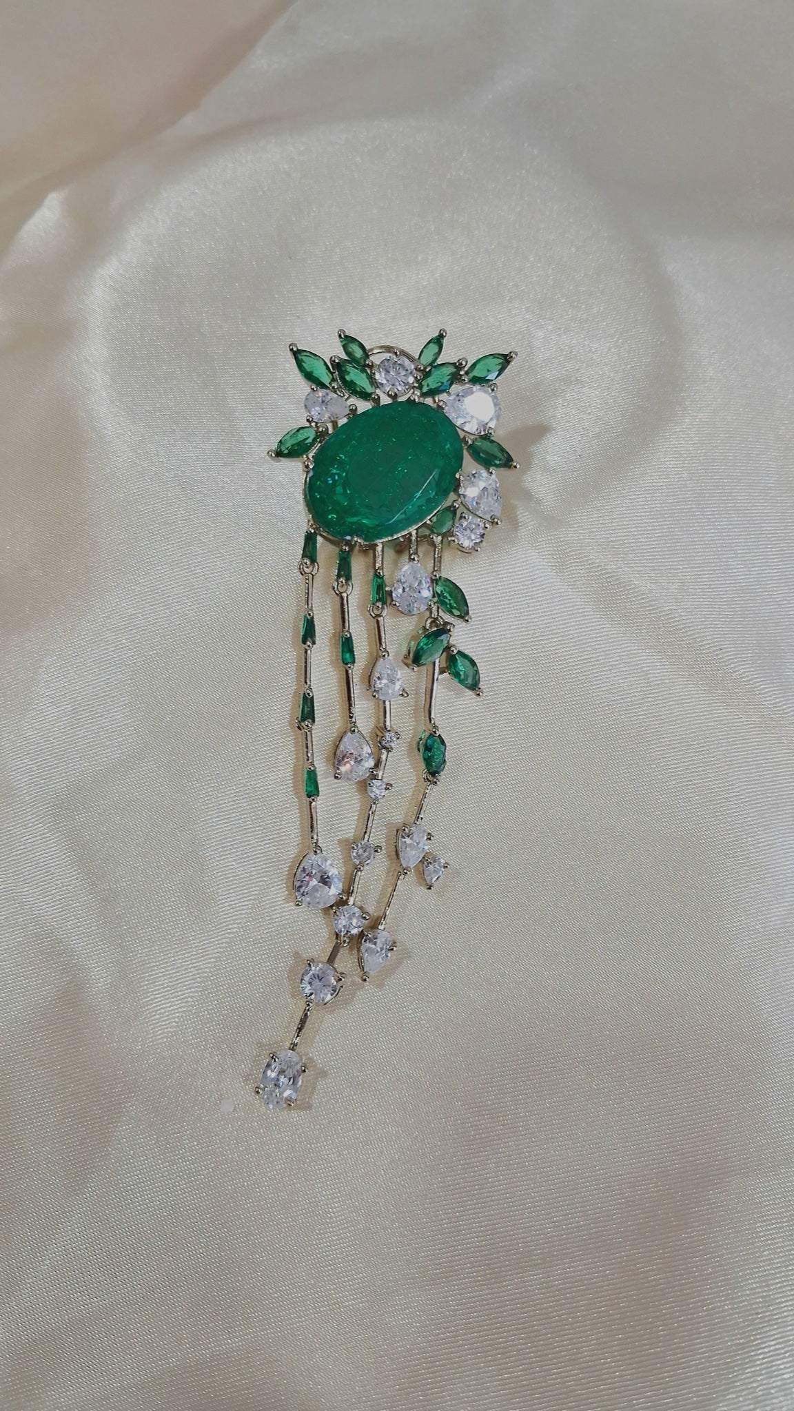 Gold-tone cascade earrings with emerald-green oval stone and CZ drops - view 2