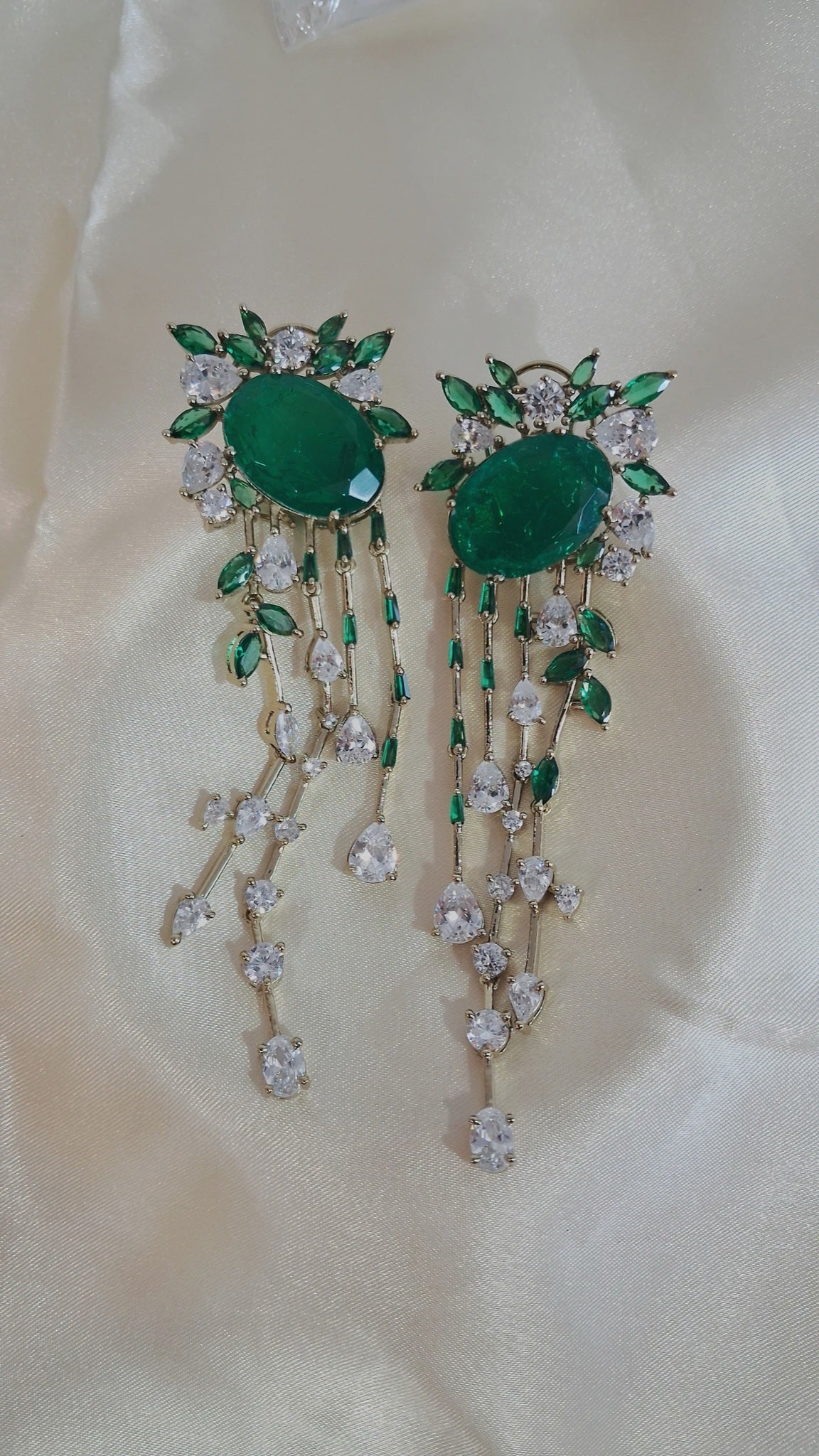 Gold-tone cascade earrings with emerald-green oval stone and CZ drops - view 3