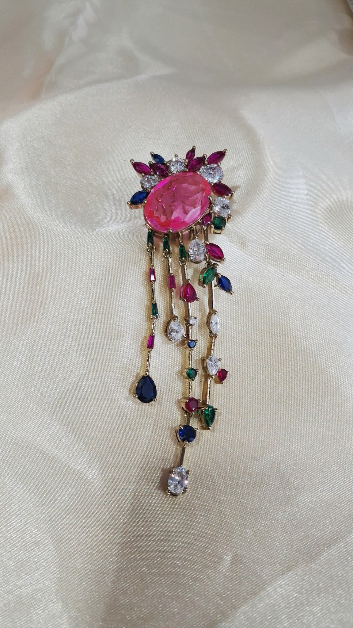 Gold-tone waterfall earrings with pink oval stone and multicolour crystal strands - view 2
