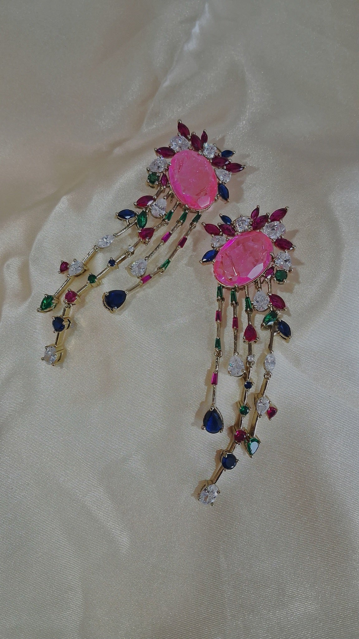Gold-tone waterfall earrings with pink oval stone and multicolour crystal strands - view 3