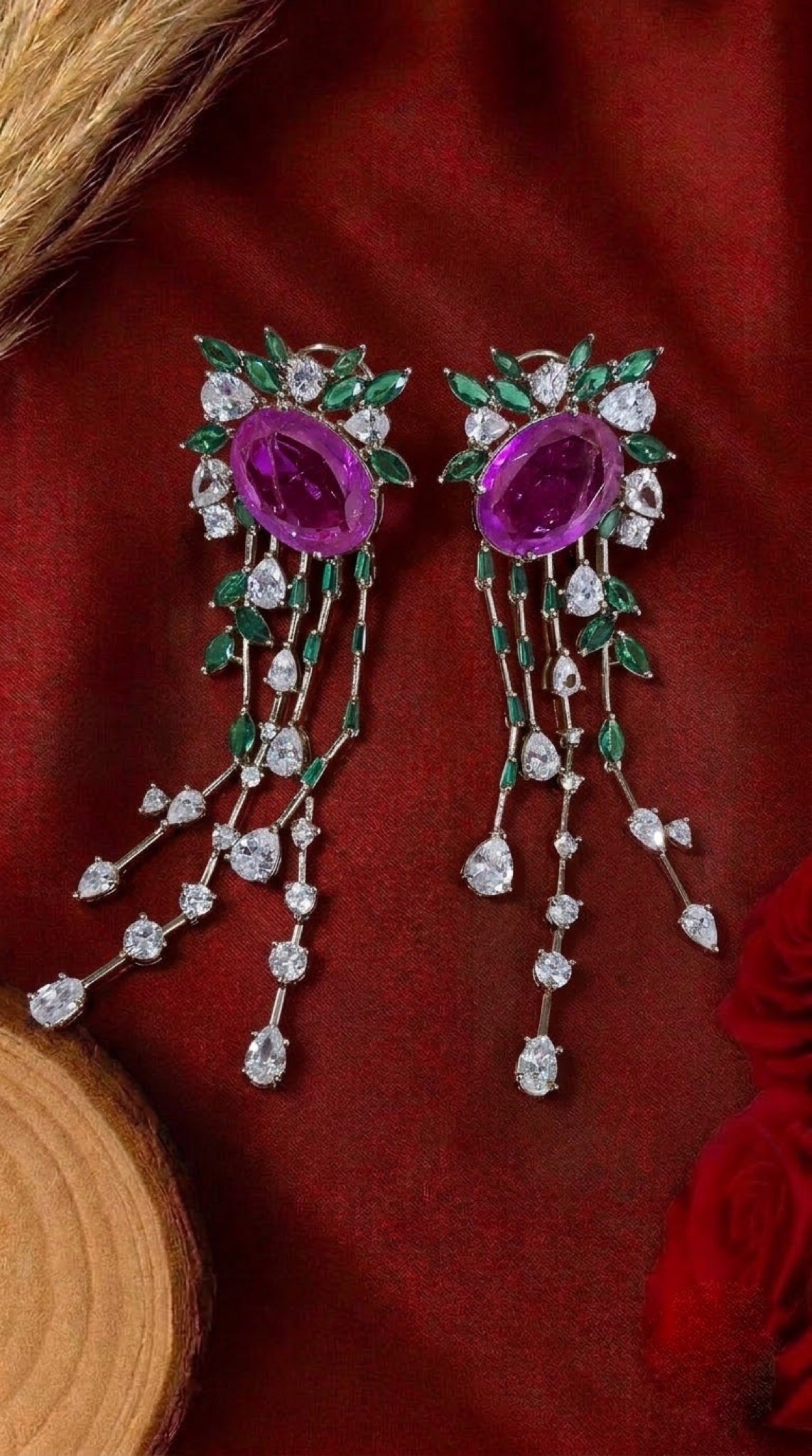 Gold-tone fringe earrings with purple oval stone, green leaves and CZ drops