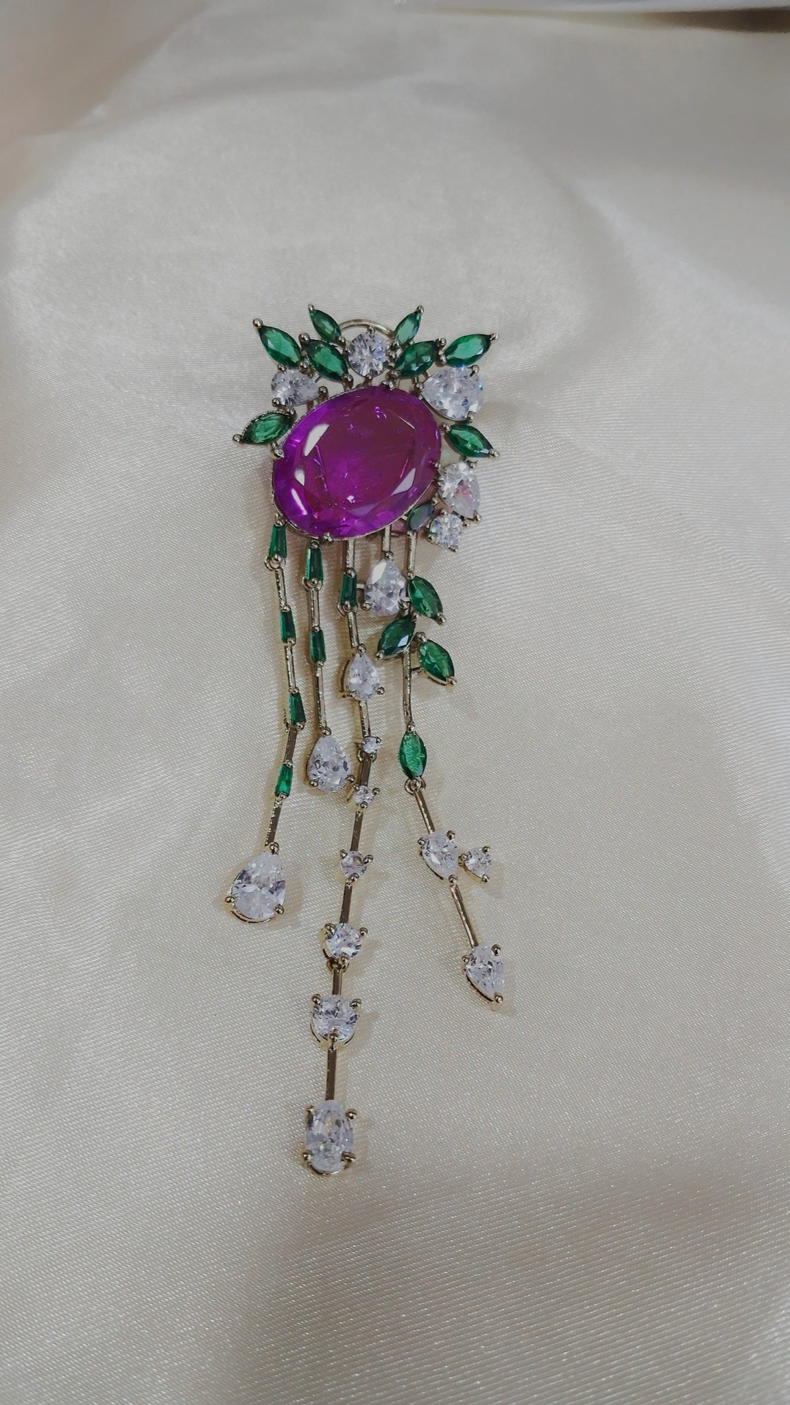 Gold-tone fringe earrings with purple oval stone, green leaves and CZ drops - view 2