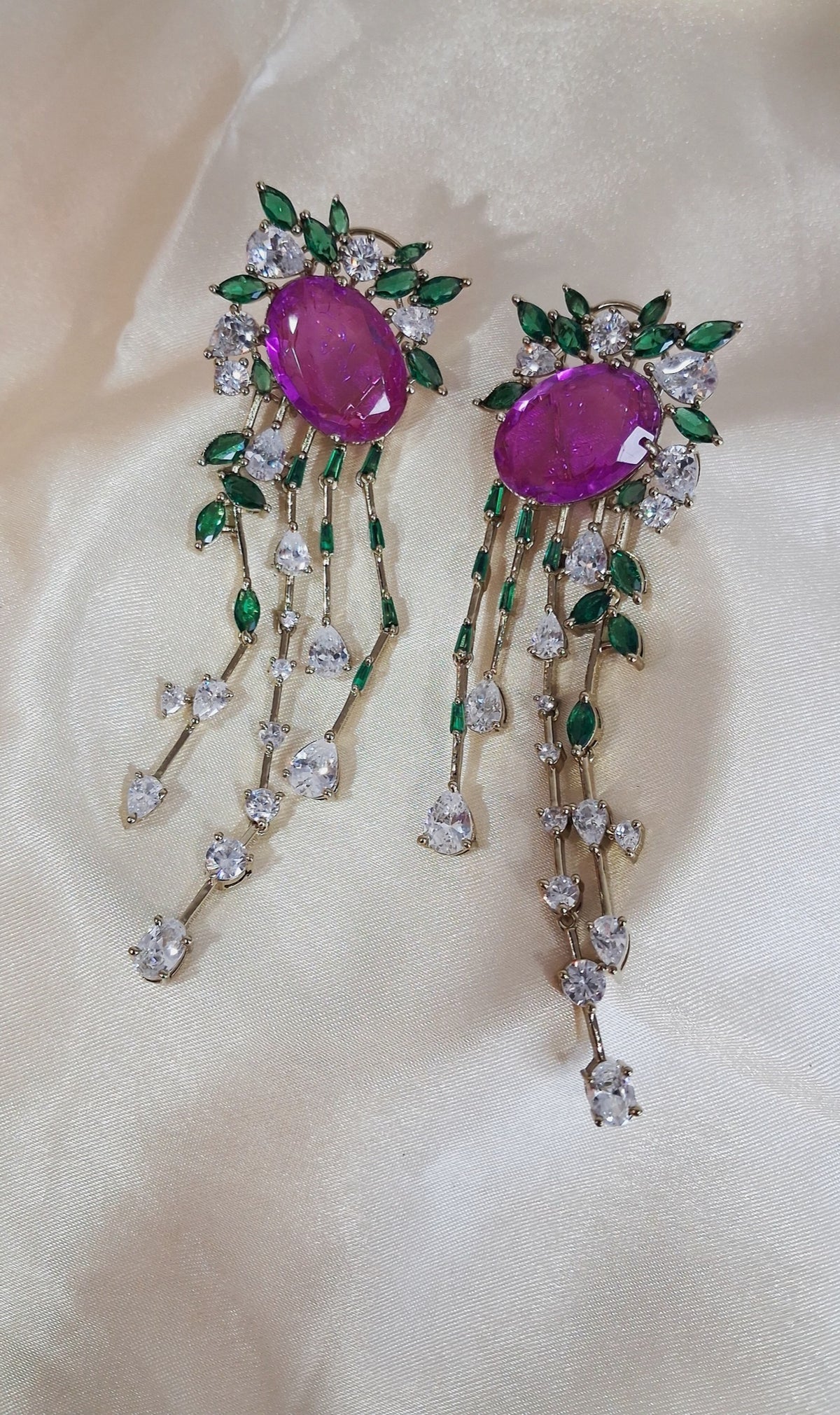 Gold-tone fringe earrings with purple oval stone, green leaves and CZ drops - view 3