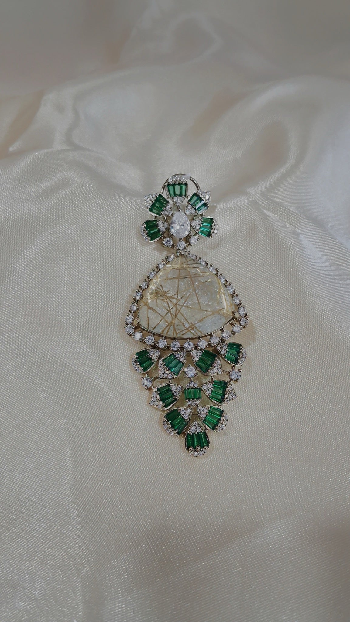 Silver-tone earrings with golden rutile-look stone and green baguette crystals - view 2