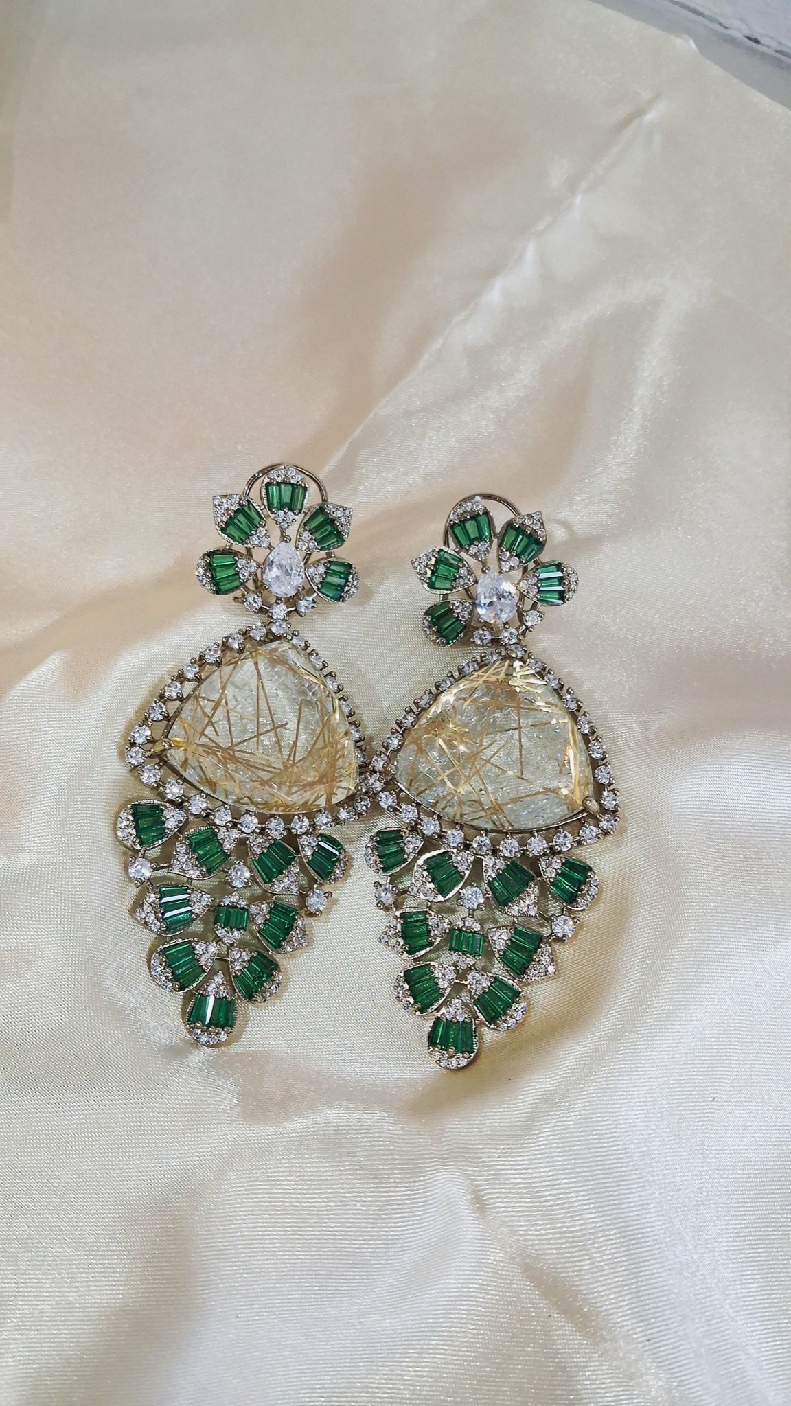 Silver-tone earrings with golden rutile-look stone and green baguette crystals - view 3