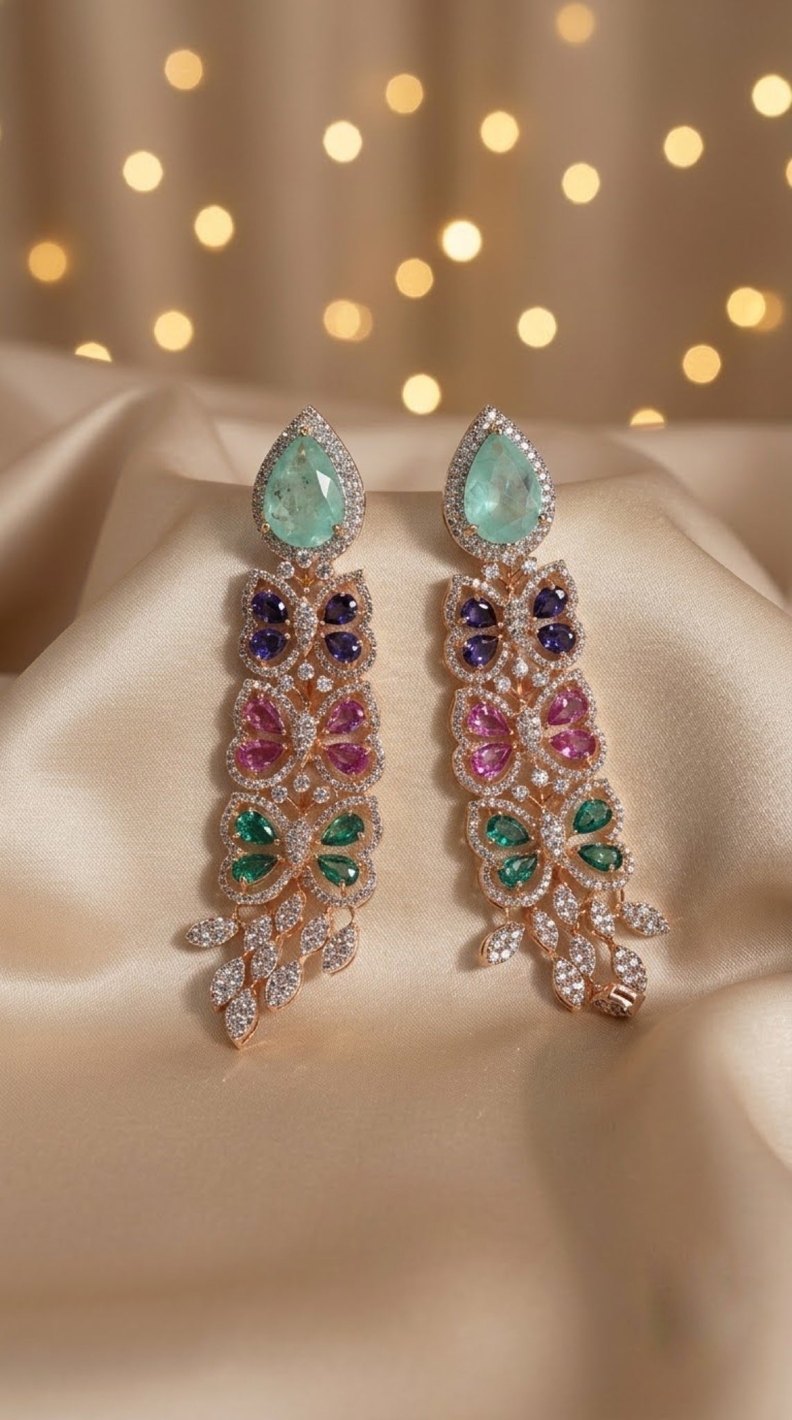 Rose gold-tone drop earrings with mint, purple, pink and green pear crystals