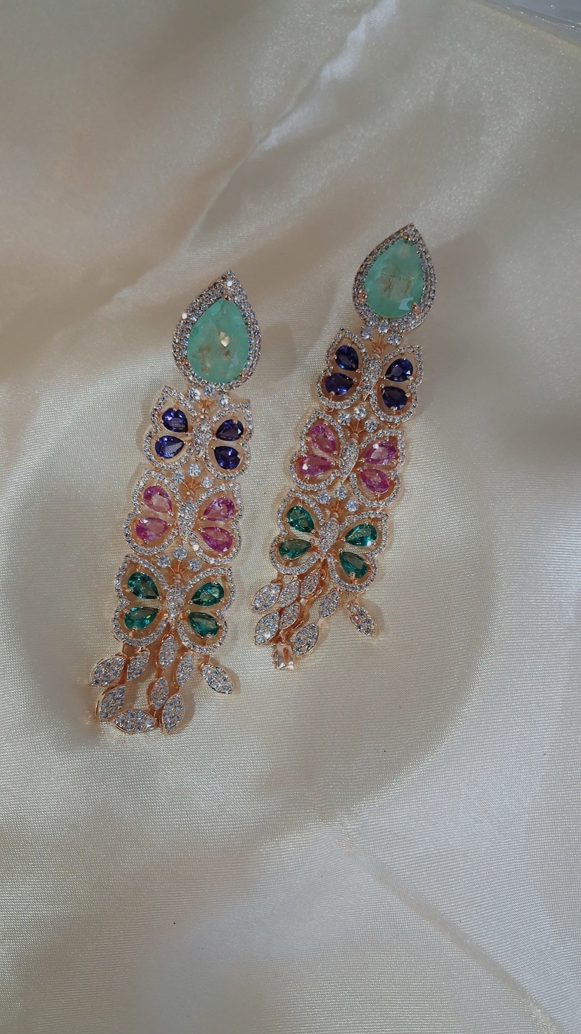 Rose gold-tone drop earrings with mint, purple, pink and green pear crystals - view 2