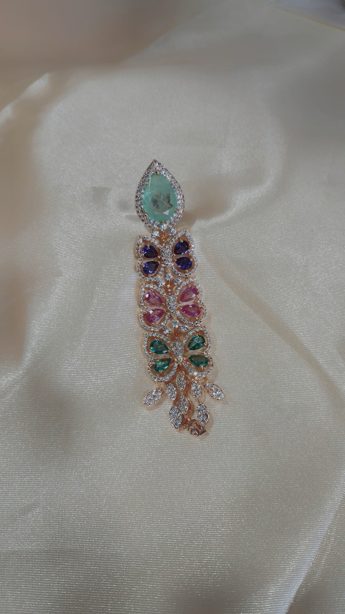 Rose gold-tone drop earrings with mint, purple, pink and green pear crystals - view 3