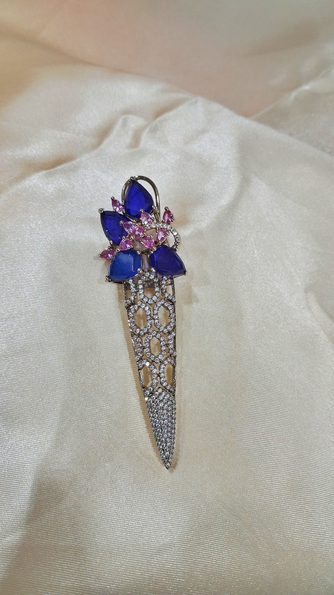 Silver-tone honeycomb spike earrings with blue pear stones and pink accents - view 2