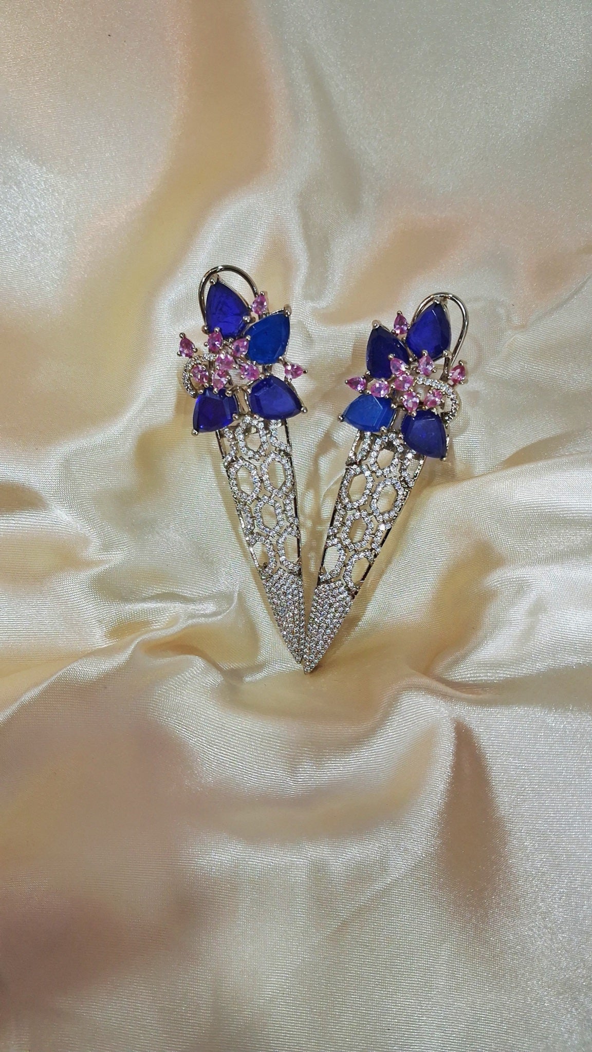 Silver-tone honeycomb spike earrings with blue pear stones and pink accents - view 3