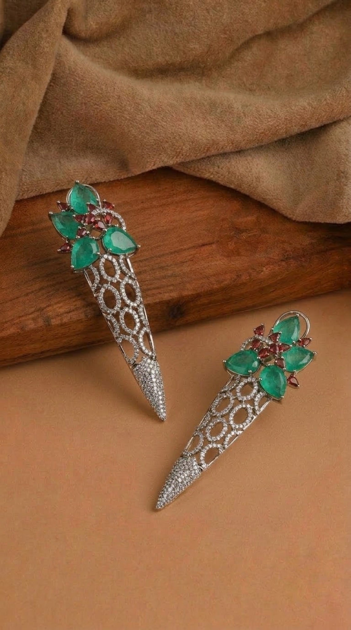 Silver-tone honeycomb spike earrings with green pear stones and red accents