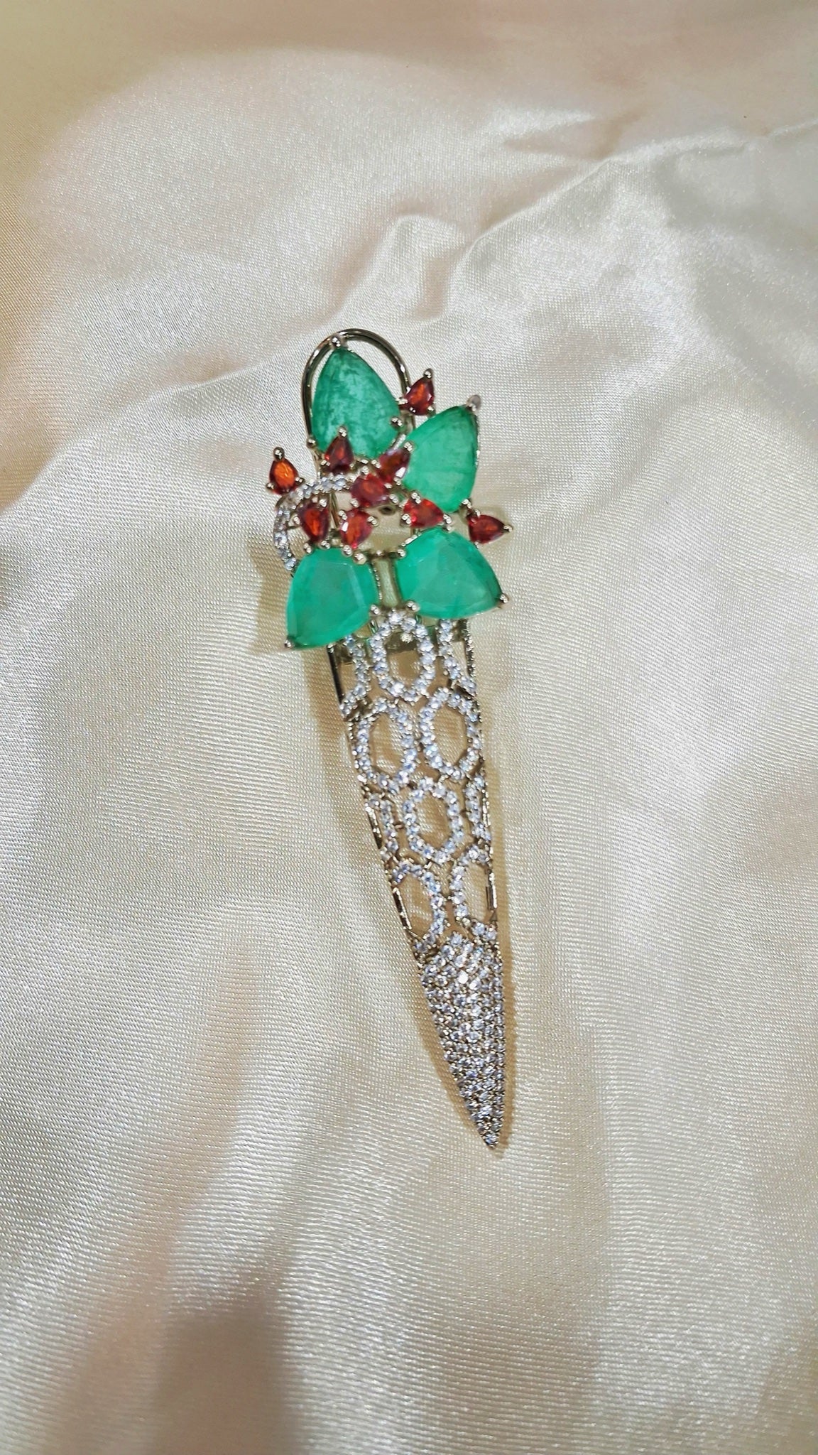 Silver-tone honeycomb spike earrings with green pear stones and red accents - view 2