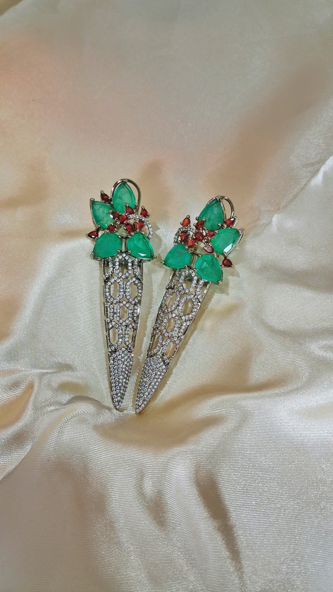 Silver-tone honeycomb spike earrings with green pear stones and red accents - view 3