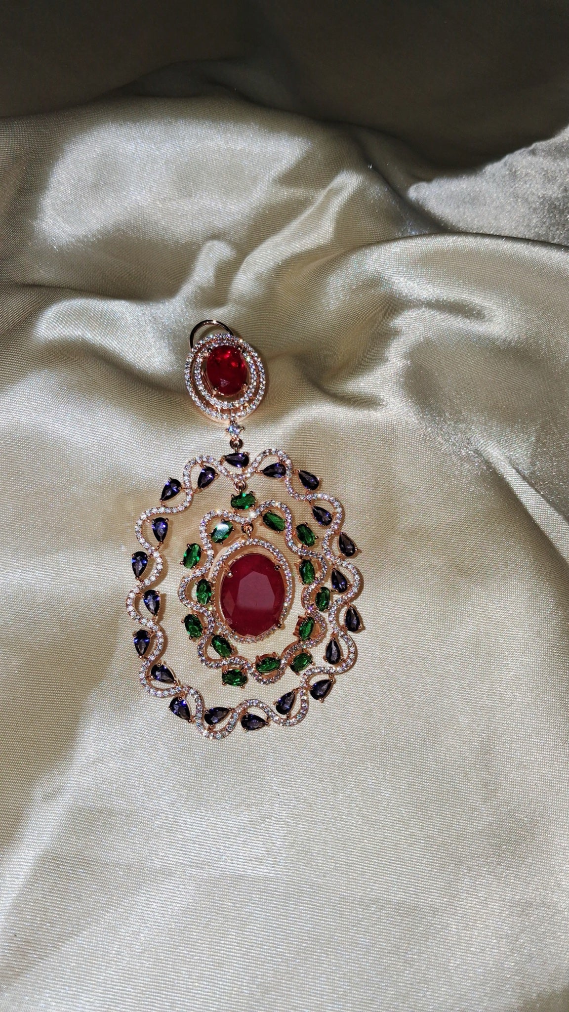 Gold-tone oval halo earrings with red centre stone, green and violet pear crystals - view 2