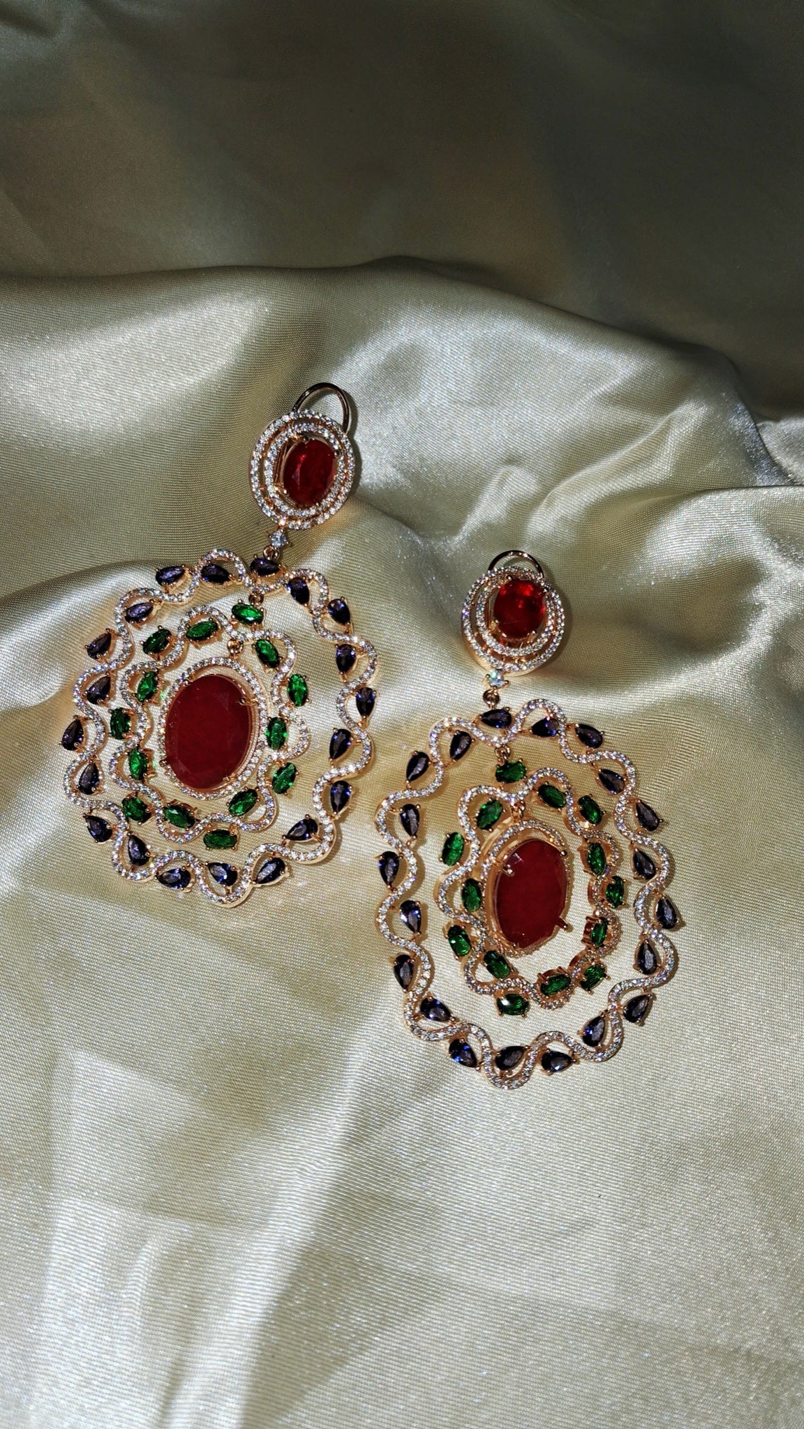 Gold-tone oval halo earrings with red centre stone, green and violet pear crystals - view 3