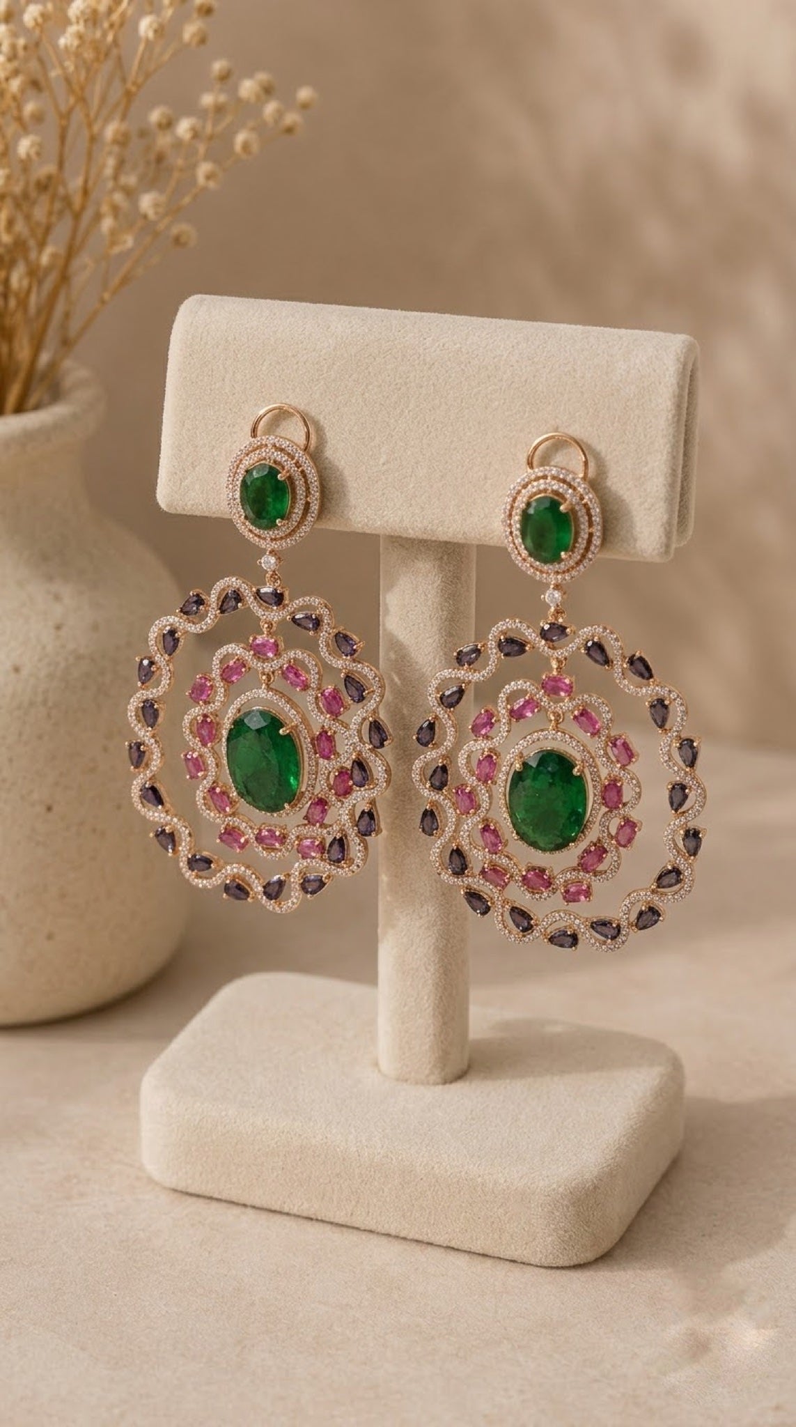 Rose gold-tone oval halo earrings with green centre stone, pink and violet pear crystals