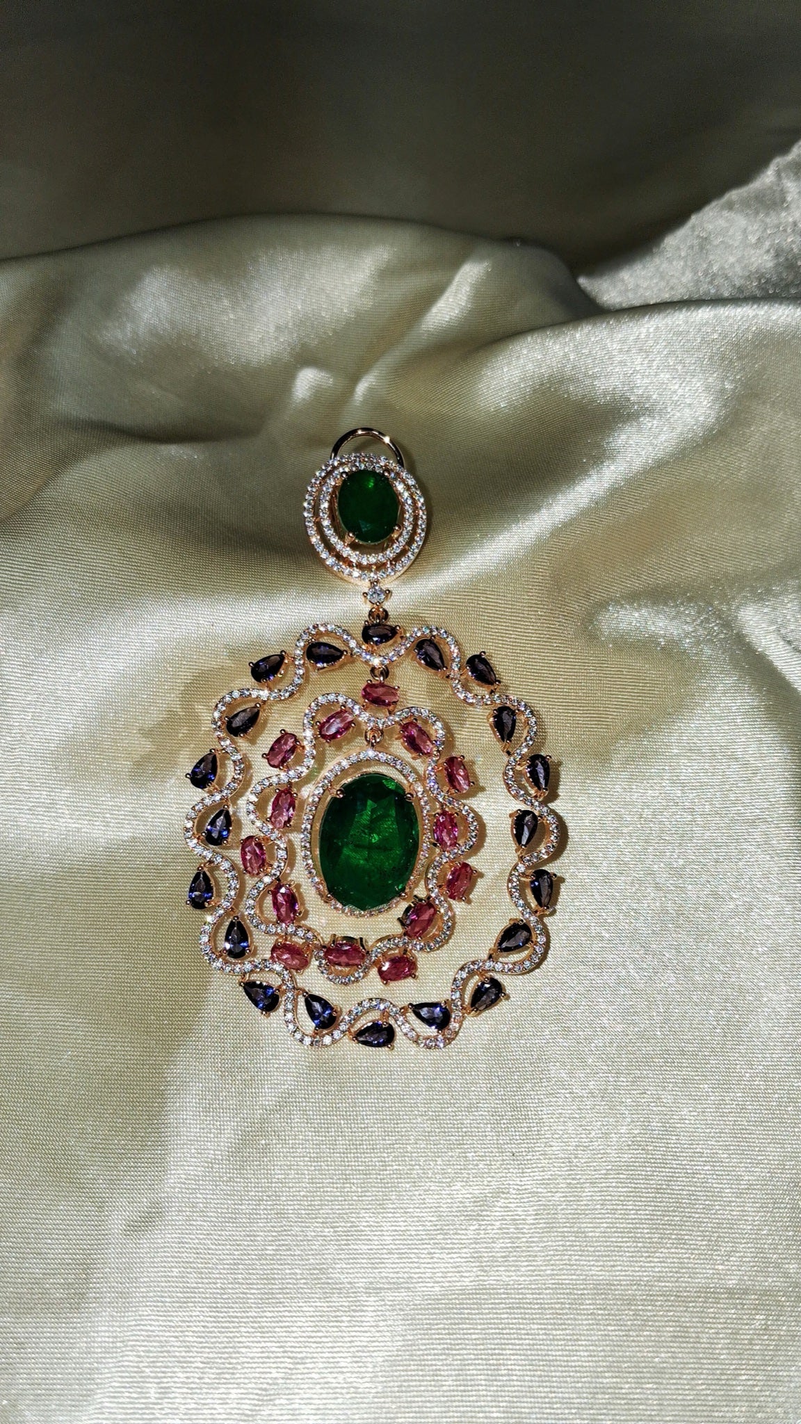 Rose gold-tone oval halo earrings with green centre stone, pink and violet pear crystals - view 2