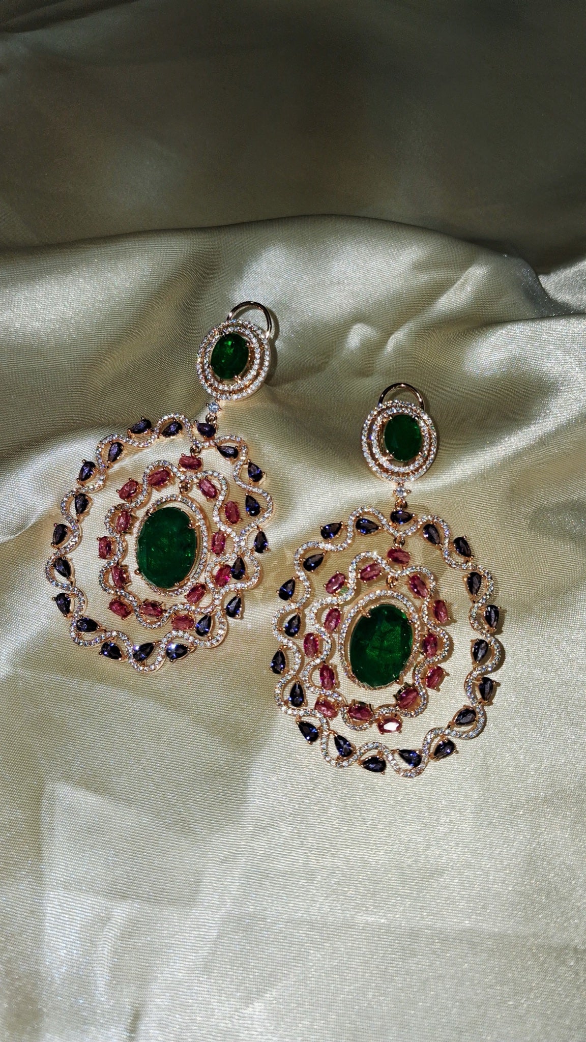 Rose gold-tone oval halo earrings with green centre stone, pink and violet pear crystals - view 3