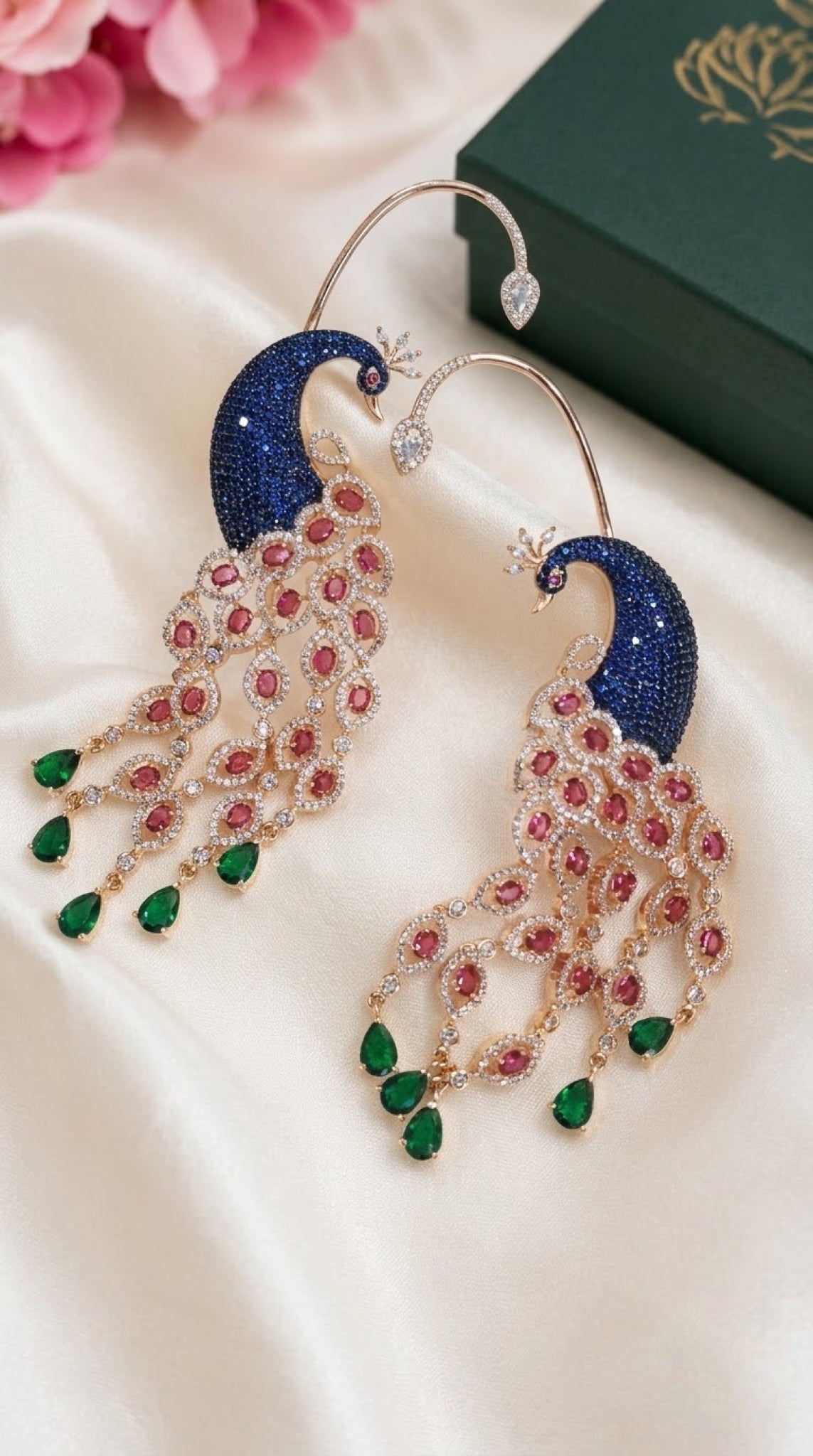 Rose gold-tone peacock ear cuff earrings with blue pavé, pink crystals and green drops