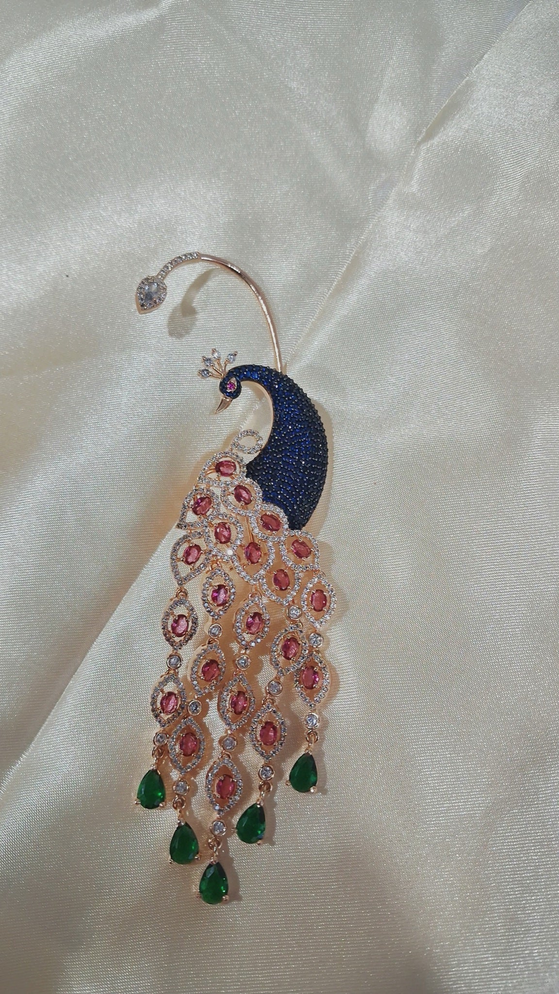 Rose gold-tone peacock ear cuff earrings with blue pavé, pink crystals and green drops - view 2