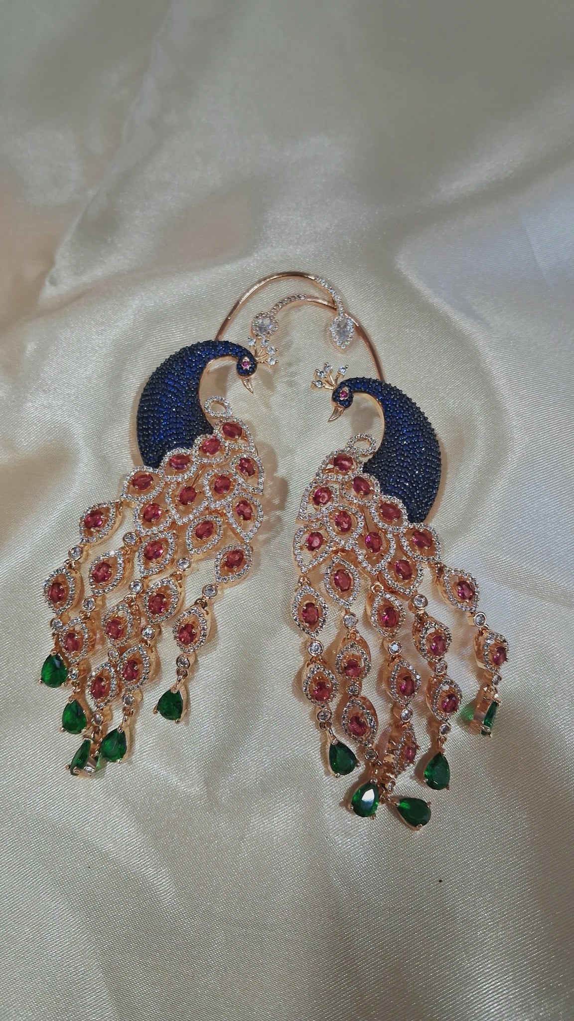 Rose gold-tone peacock ear cuff earrings with blue pavé, pink crystals and green drops - view 3