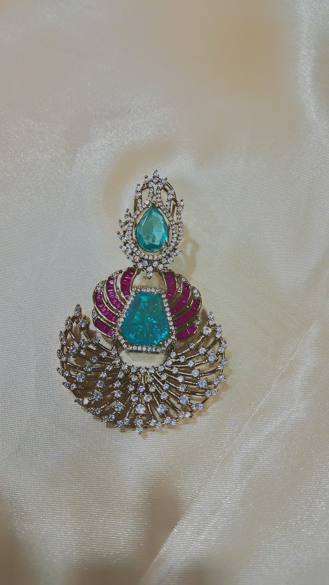 Dual-tone chandbali earrings with aqua stones, pink baguettes and CZ fan - view 2