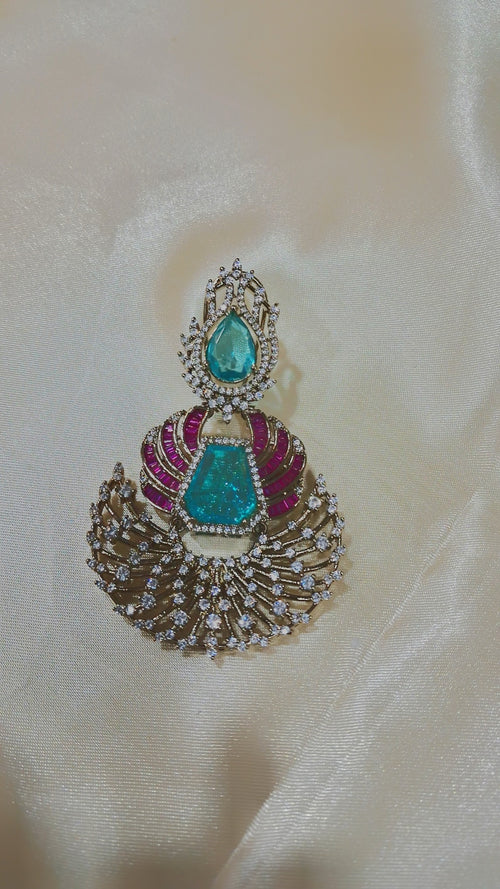 Dual-tone chandbali earrings with aqua stones, pink baguettes and CZ fan - view 2