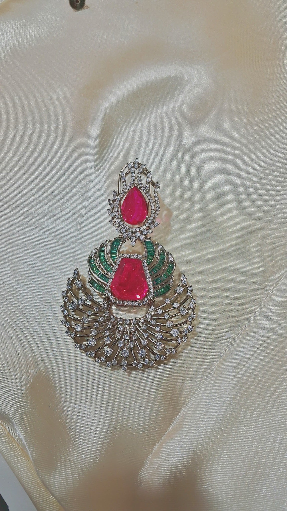 Dual-tone chandbali earrings with red stones, green baguettes and CZ fan - view 2
