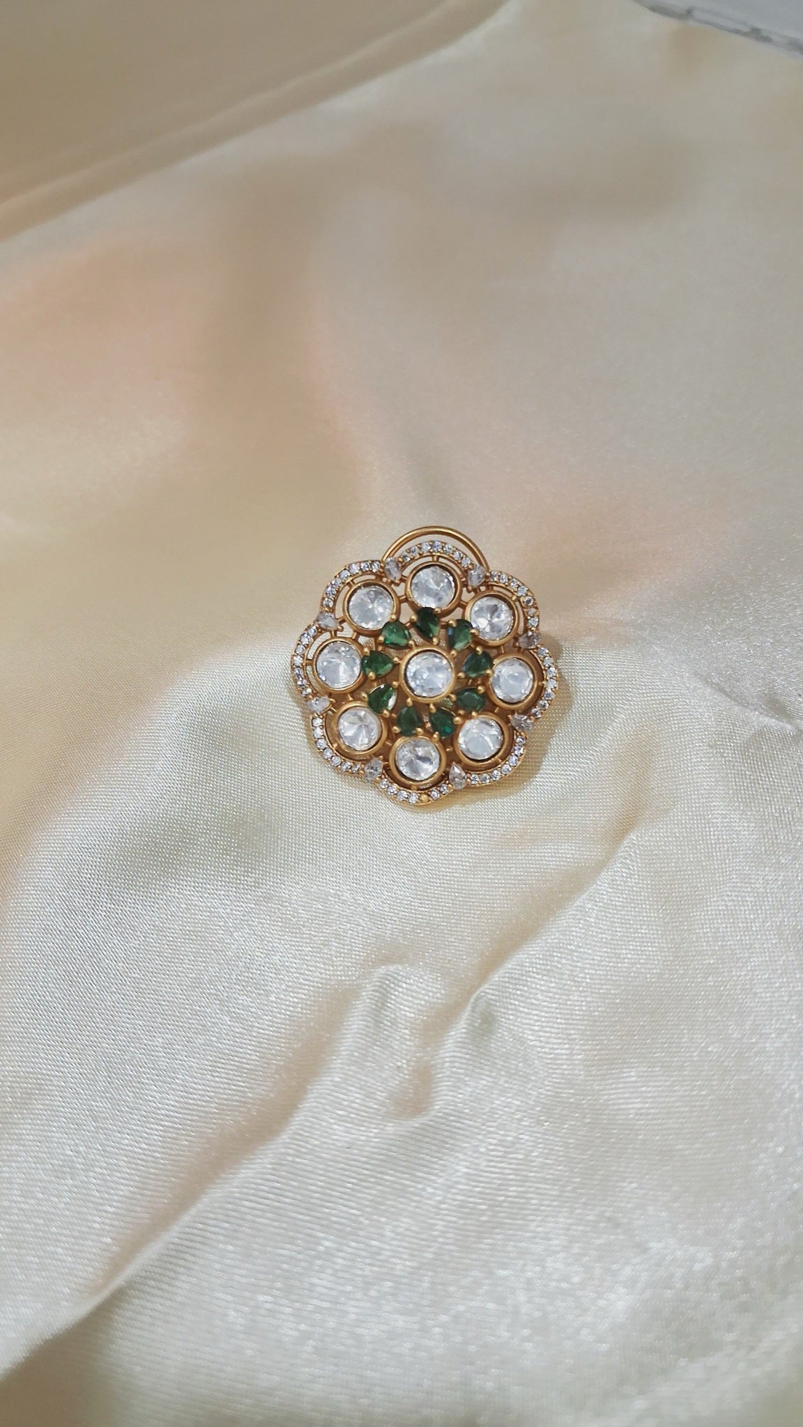 Gold-tone floral stud earrings with polki-look stones and green accents - view 2