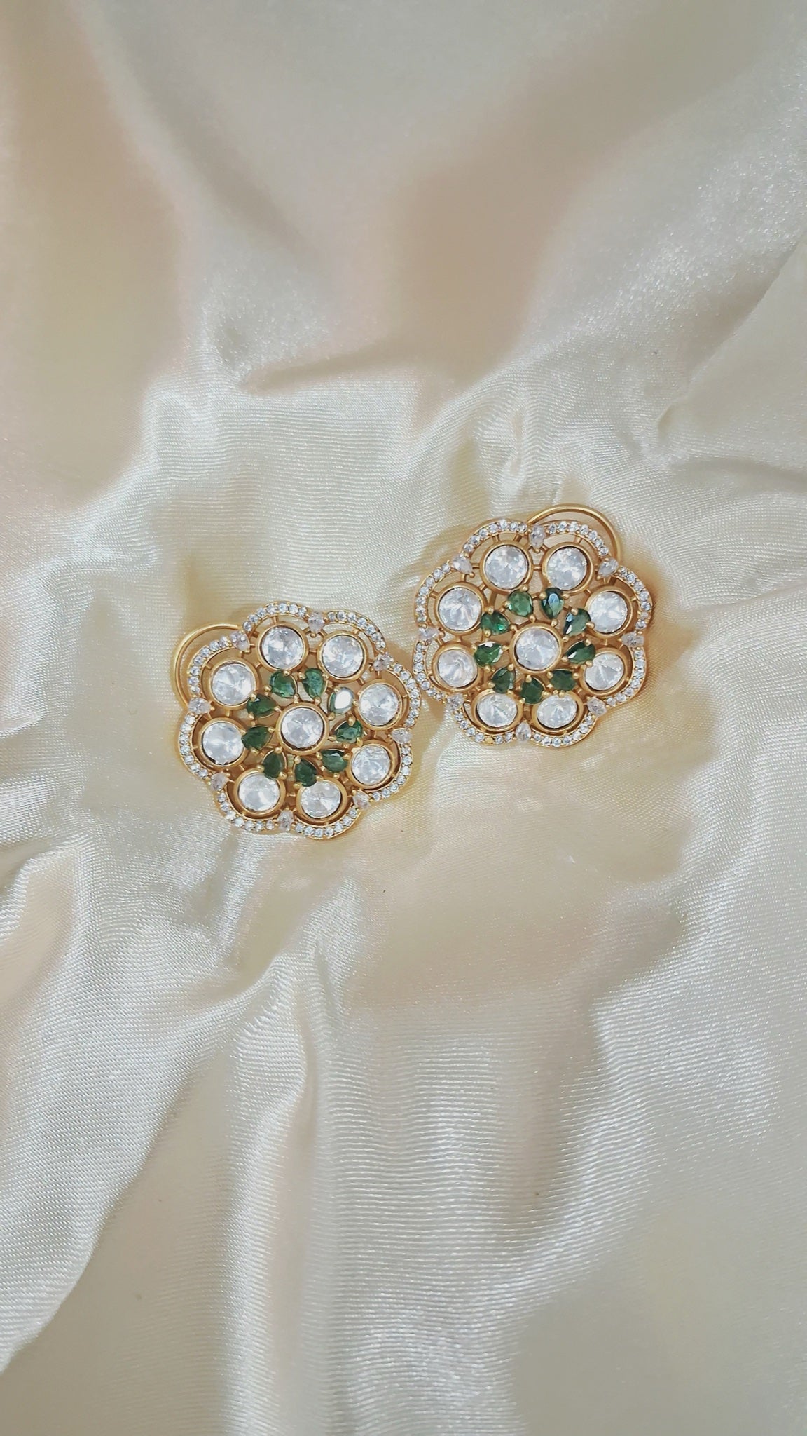 Gold-tone floral stud earrings with polki-look stones and green accents - view 3