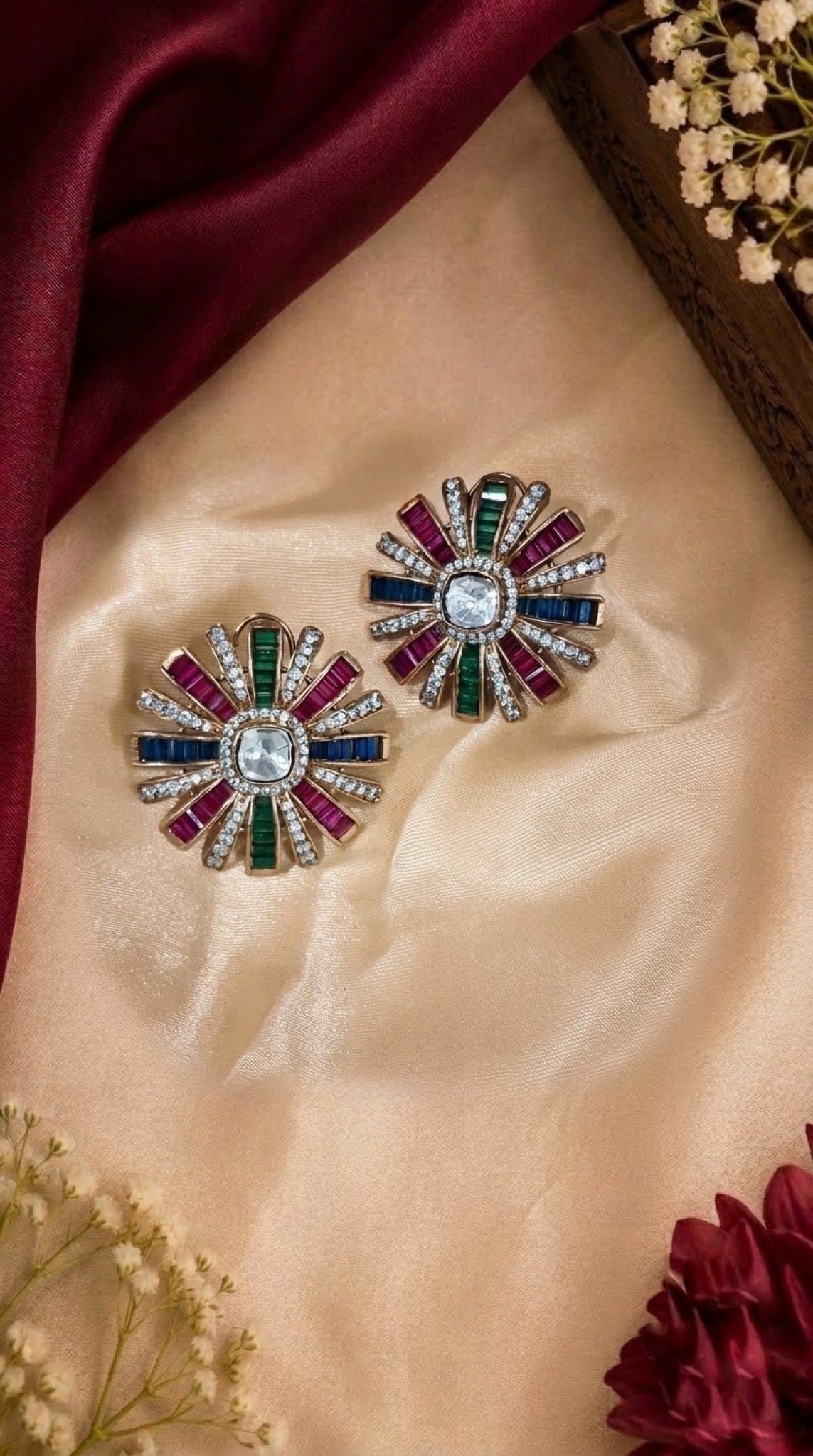 Starburst stud earrings with polki-look centre and red, blue and green baguettes