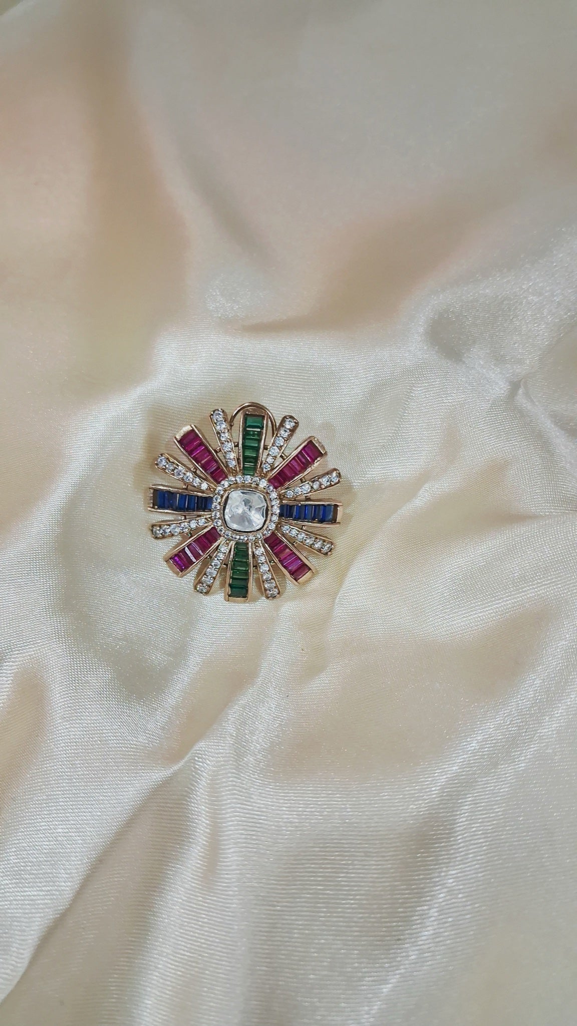 Starburst stud earrings with polki-look centre and red, blue and green baguettes - view 2
