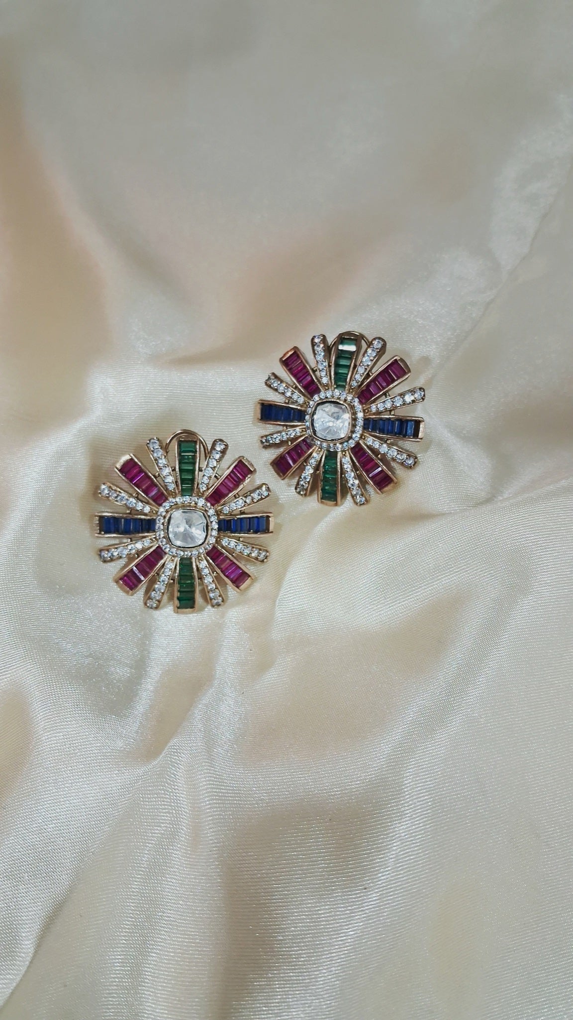 Starburst stud earrings with polki-look centre and red, blue and green baguettes - view 3