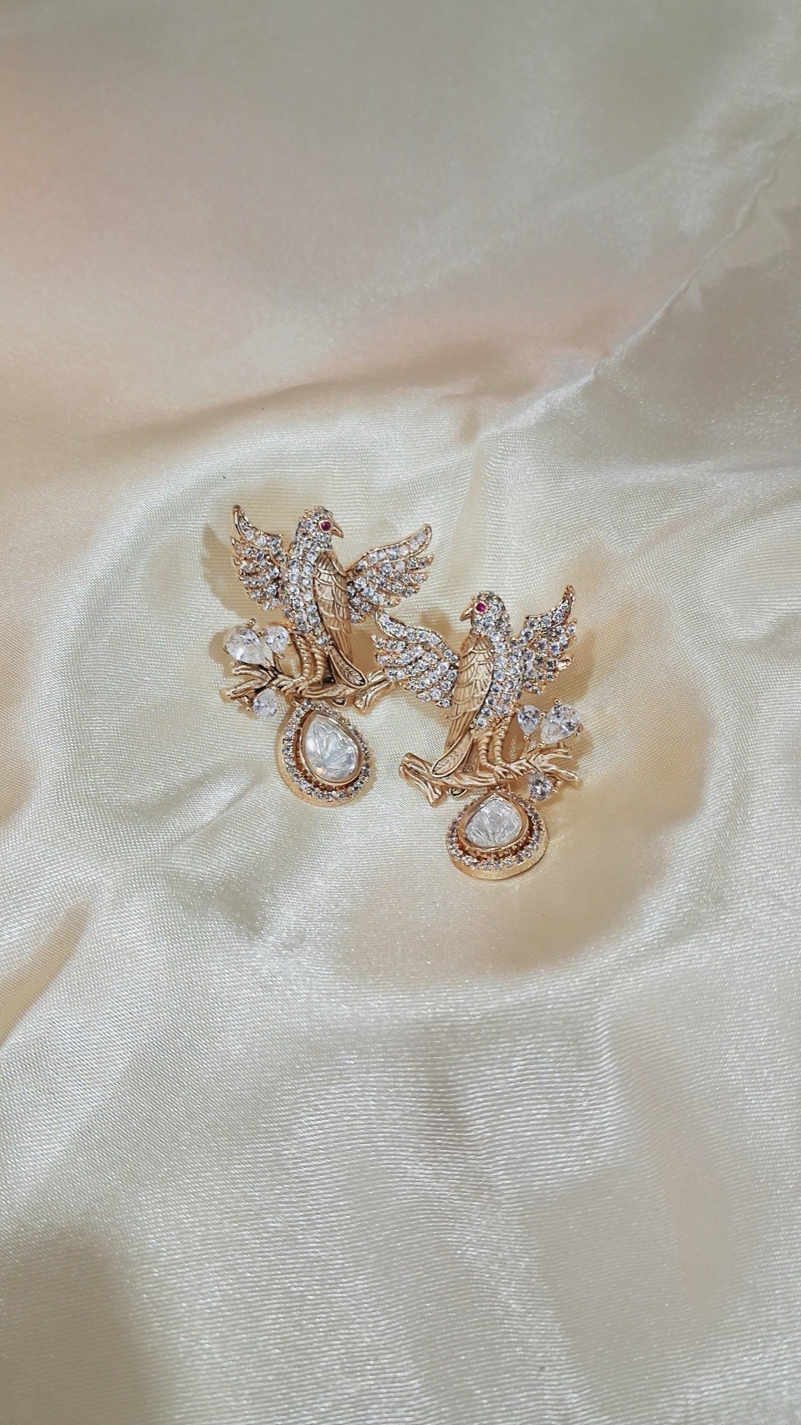 Gold-tone eagle earrings with crystal wings and polki-look drop - view 3